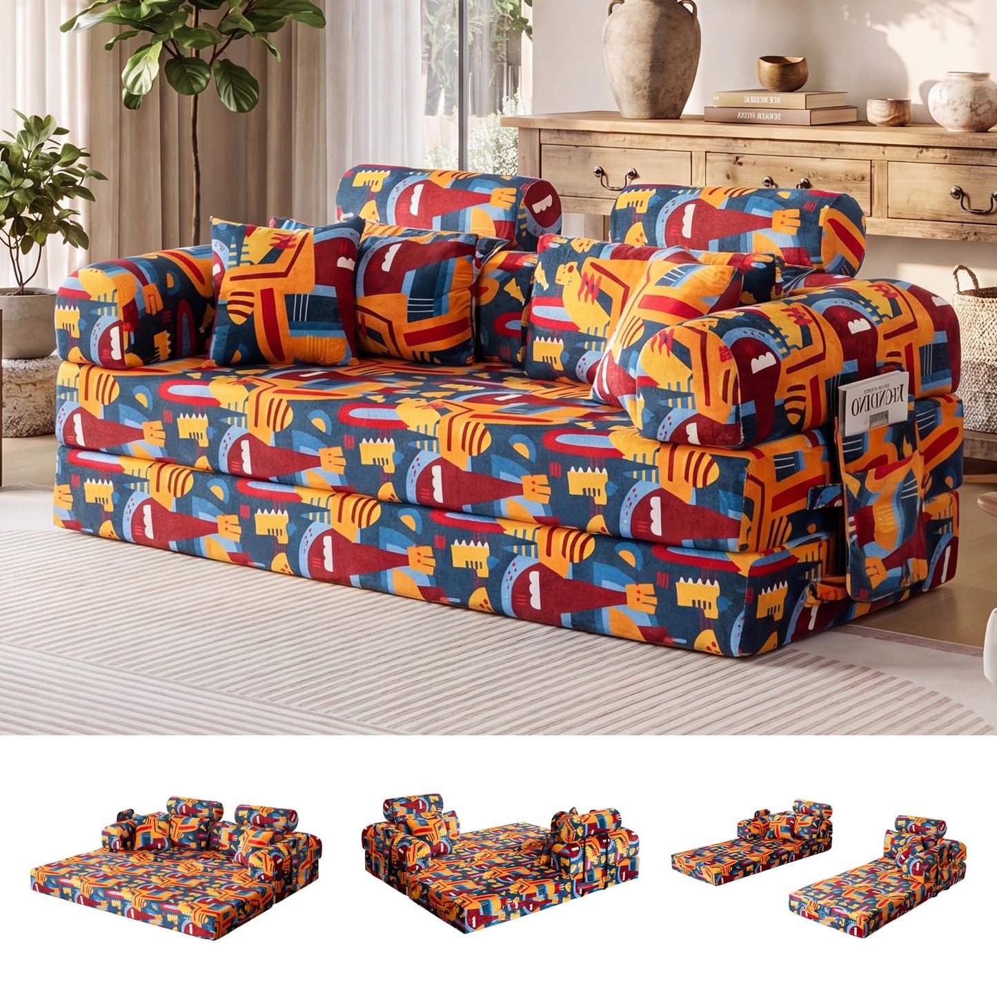 COOSYCO 79" Convertible Sofa Bed, 5-in-1 Corduroy Floor Couch, Boneless Couch with Ergonomic High Back Support & Side Storage Pocket, No Assembly for Bedroom Living Room (Graffiti B)