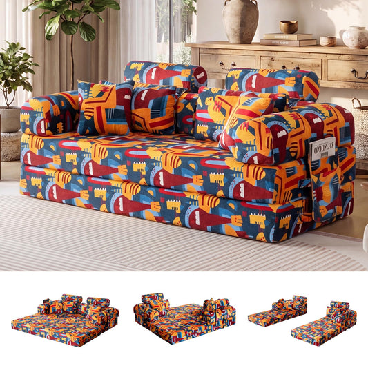 COOSYCO 79" Convertible Sofa Bed, 5-in-1 Corduroy Floor Couch, Boneless Couch with Ergonomic High Back Support & Side Storage Pocket, No Assembly for Bedroom Living Room (Graffiti B)