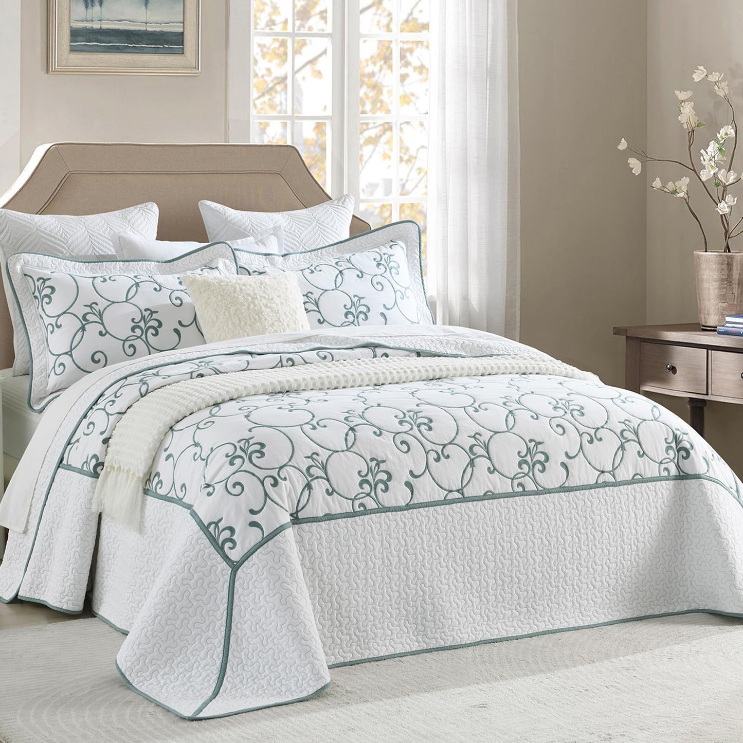 Finlonte Oversized King Bedspread 120"x120" - 100% Cotton Vine Embroidery King/Cal King Quilted Bedspread, White Bedspread Coverlet Blue Vine, Lightweight Extra Large Quilt Set with 2 Pillowshams