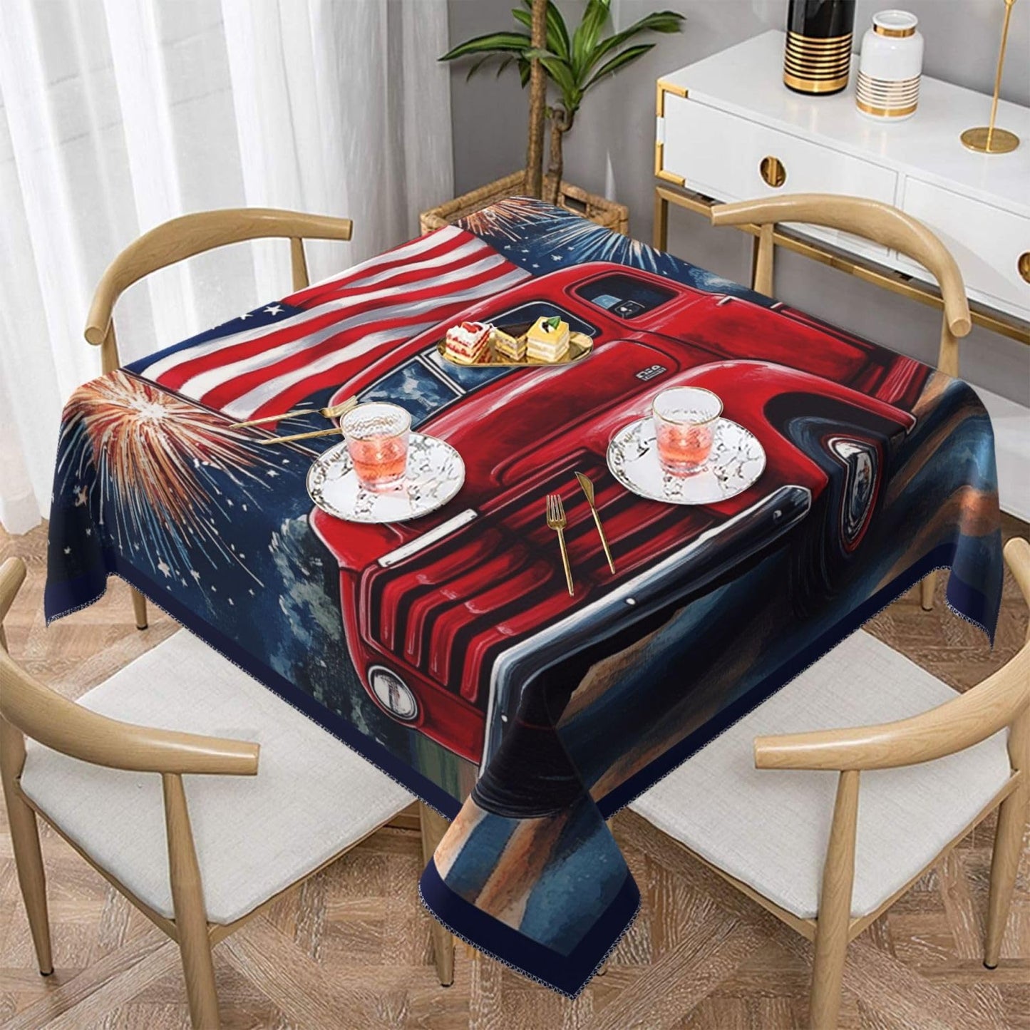 Entemne Square Table Cloth 55x55 Inch Independence Day Red Truck Flag Tablecloth Washable Soft Wrinkle Free Dust Proof Card Table Cover for Tea Party Picnic Kitchen Dining Decor