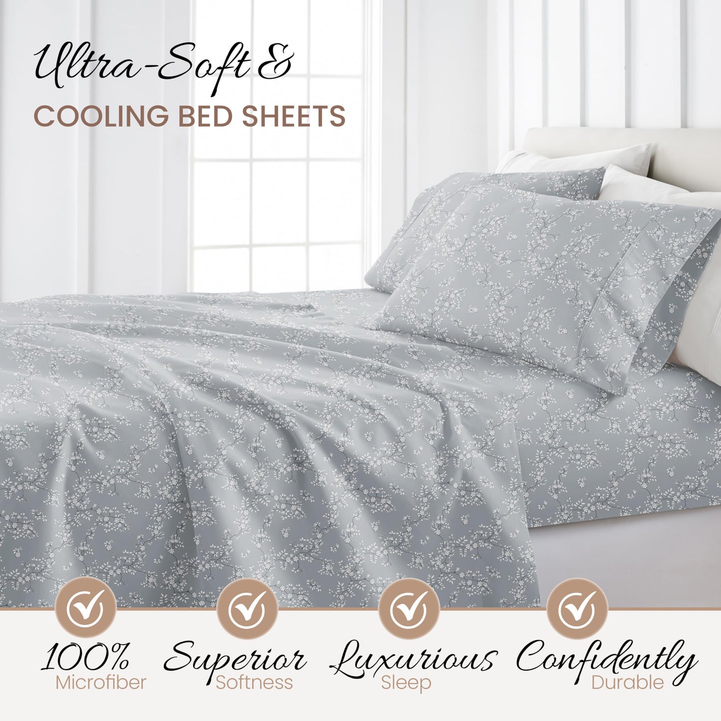 Linen Market Patterned Microfiber Queen Sheet Set 4 Piece – Oeko-TEX Certified Ultra Soft & Wrinkle-Free - 16" Deep Pocket Sheets - Easy Care Queen Size - Trellis Vine Light Gray