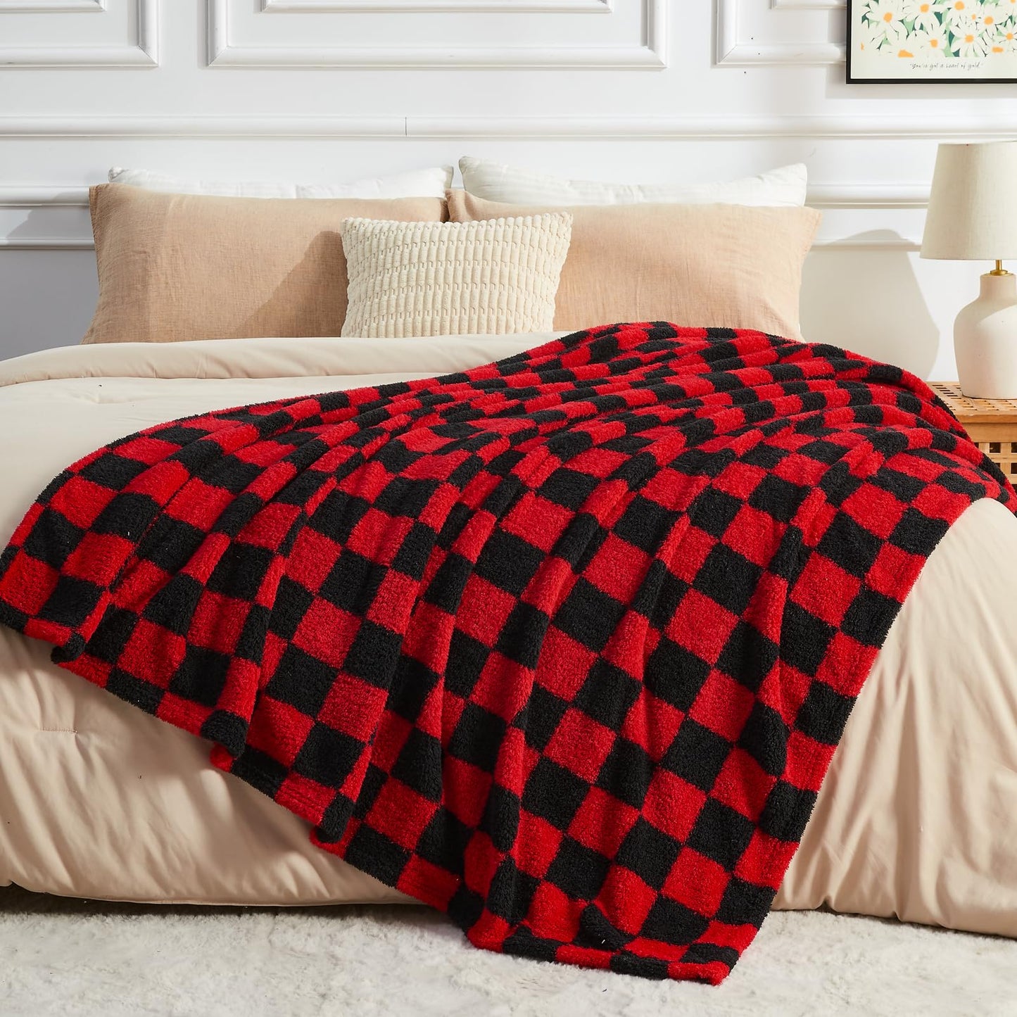 NEWCOSPLAY Knitted Red Black Checkered Blanket Super Soft Plush Throw for Couch Fuzzy Fluffy Microfiber Lightweight Blanket for Bed Sofa All Season Use (Red Black, Throw(50"x60"))