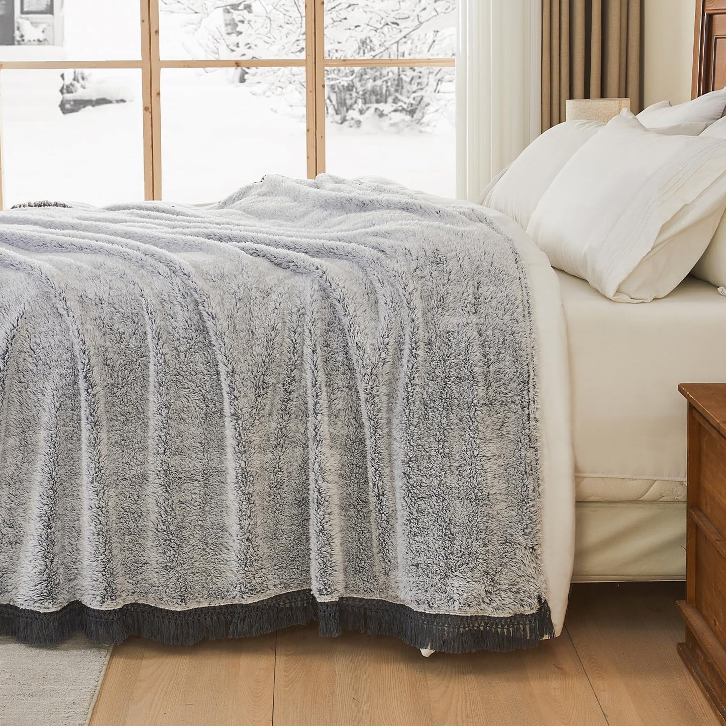 EMME Soft Sherpa Fleece Blanket with Tassel, Reversible Plush Fluffy Large Blanket, Light Weight Warm Decorative Boho Blanket Cover for Sofa, Couch, Bedroom,Travel(Tassel Grey,90"x90")