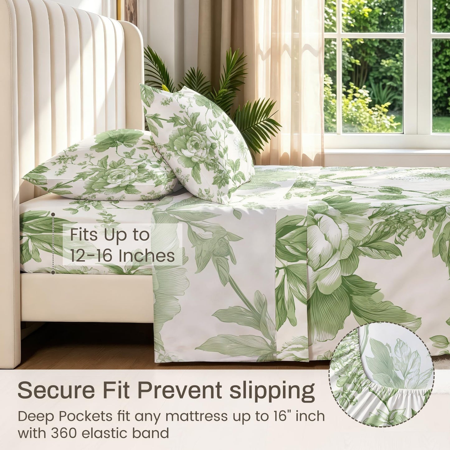 Green Floral Queen Bedding Set Farmhouse Botanical Sheet Sets