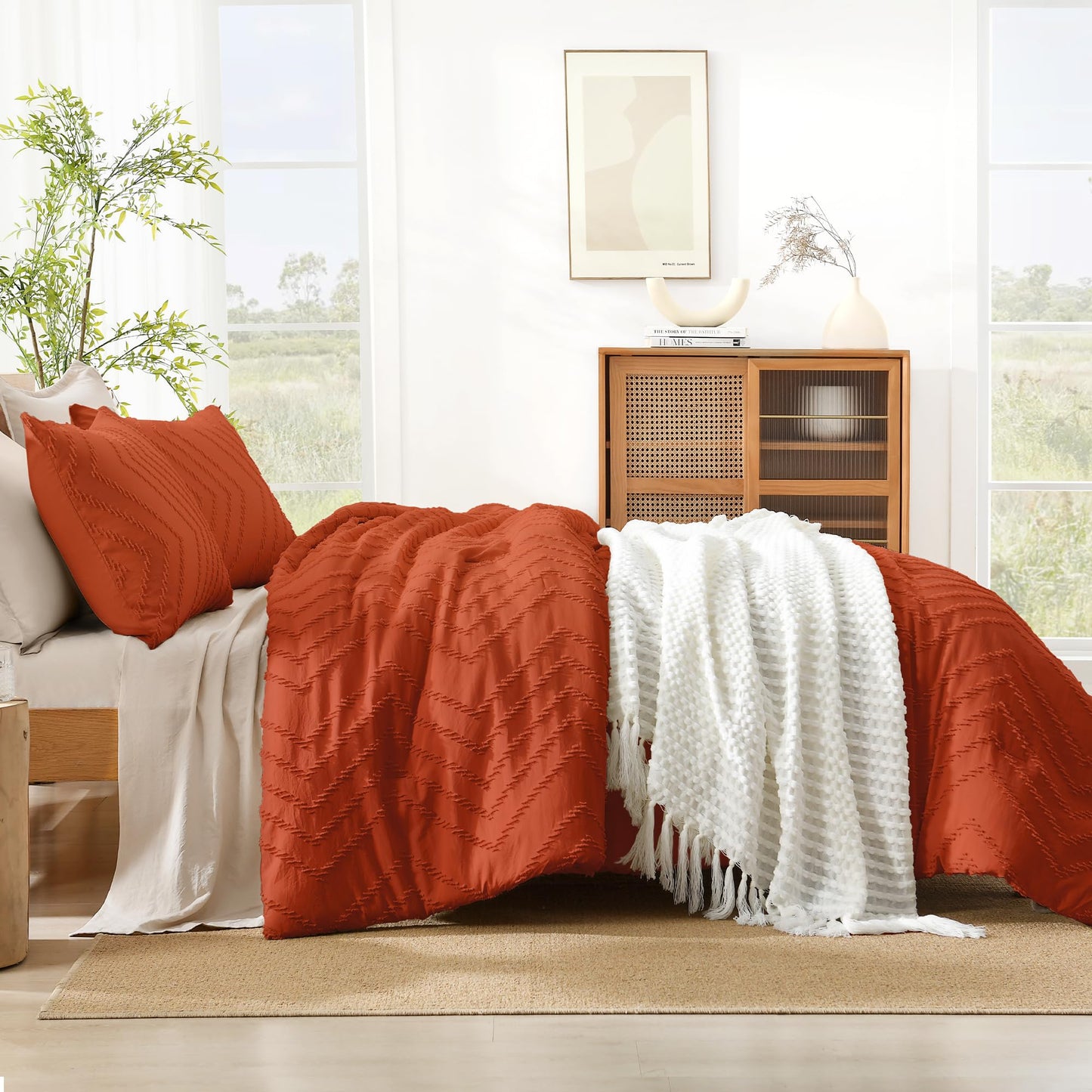 Litanika Burnt Orange King Comforter Set, 3 Pieces Lightweight Terracotta Rust Boho Fall Tufted Bedding Sets, Down Alternative Comforter Fluffy Bed Set Gift Choice