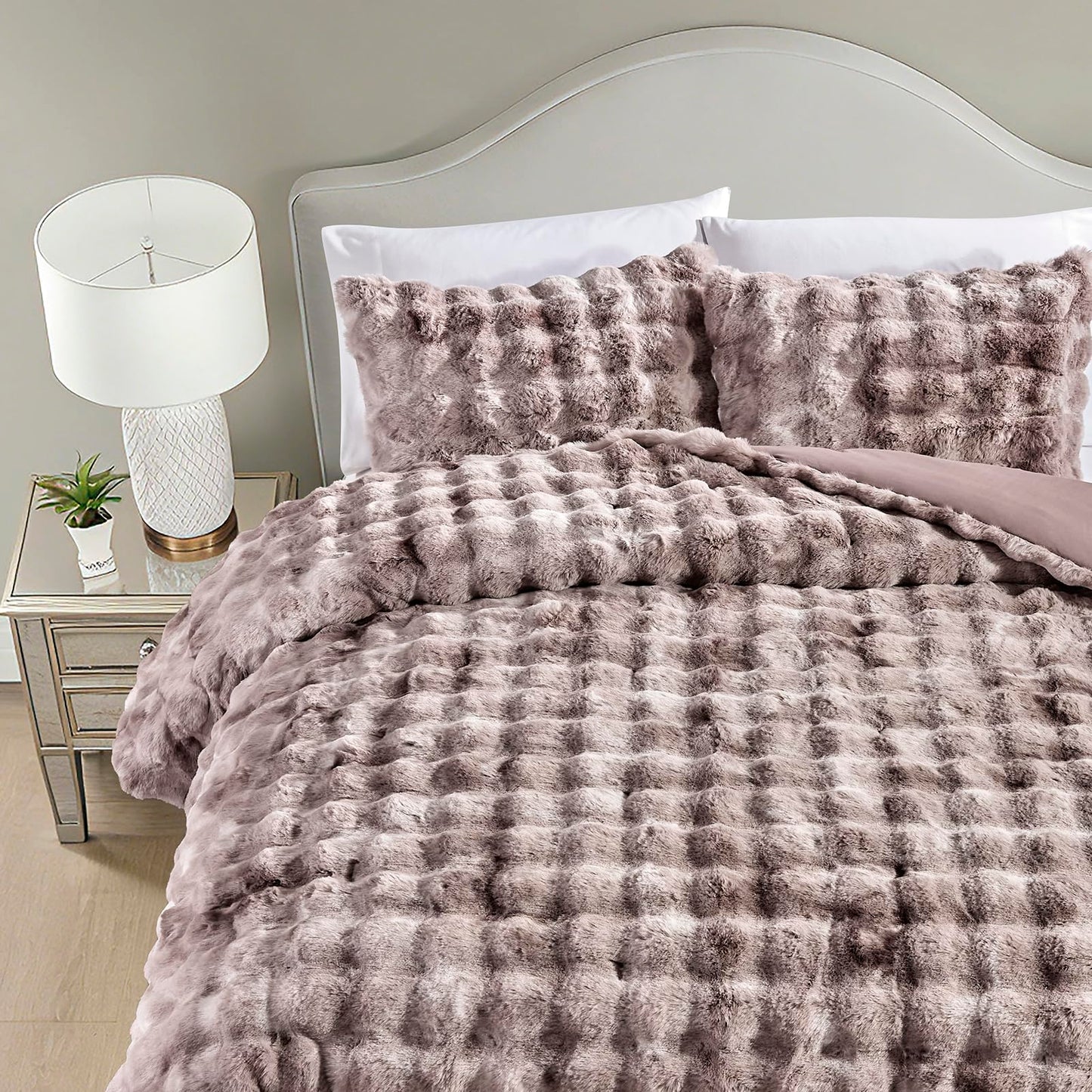 Humesill Luxury Faux Rabbit Fur Comforter Set, 3 Pieces Comforter King Size with 2 Pillow Shams, Tie-dye Fur with Bubble Design for Front and Microfiber Back, Will Light Fill(Dusty Mauve, 104x90 Inch)