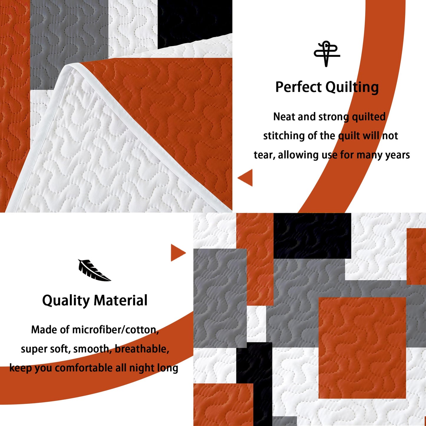 Tyrot 3 Piece Orange Grey Quilt Set Full/Queen Size Black White Gray Geometric Reversible Bedding Set Microfiber Lightweight Bedspread Coverlet with 2 Shams Modern Bed Covers for All Season, 90''x96''