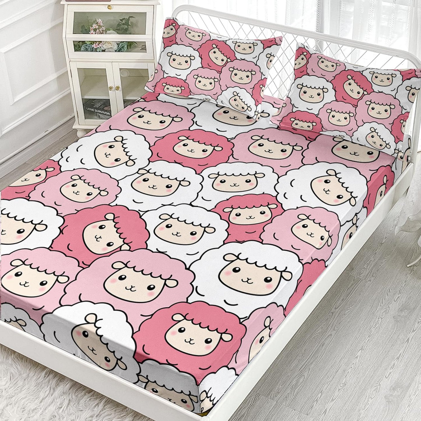 AILONEN Sheep Fitted Sheet Set Twin Size, Cute Sheep Cartoon Animal Bed Sheet Set,Pink White Kawaii Girls Sheet Set 3 Pieces, 1 Fitted Sheet and 2 Pillowcases
