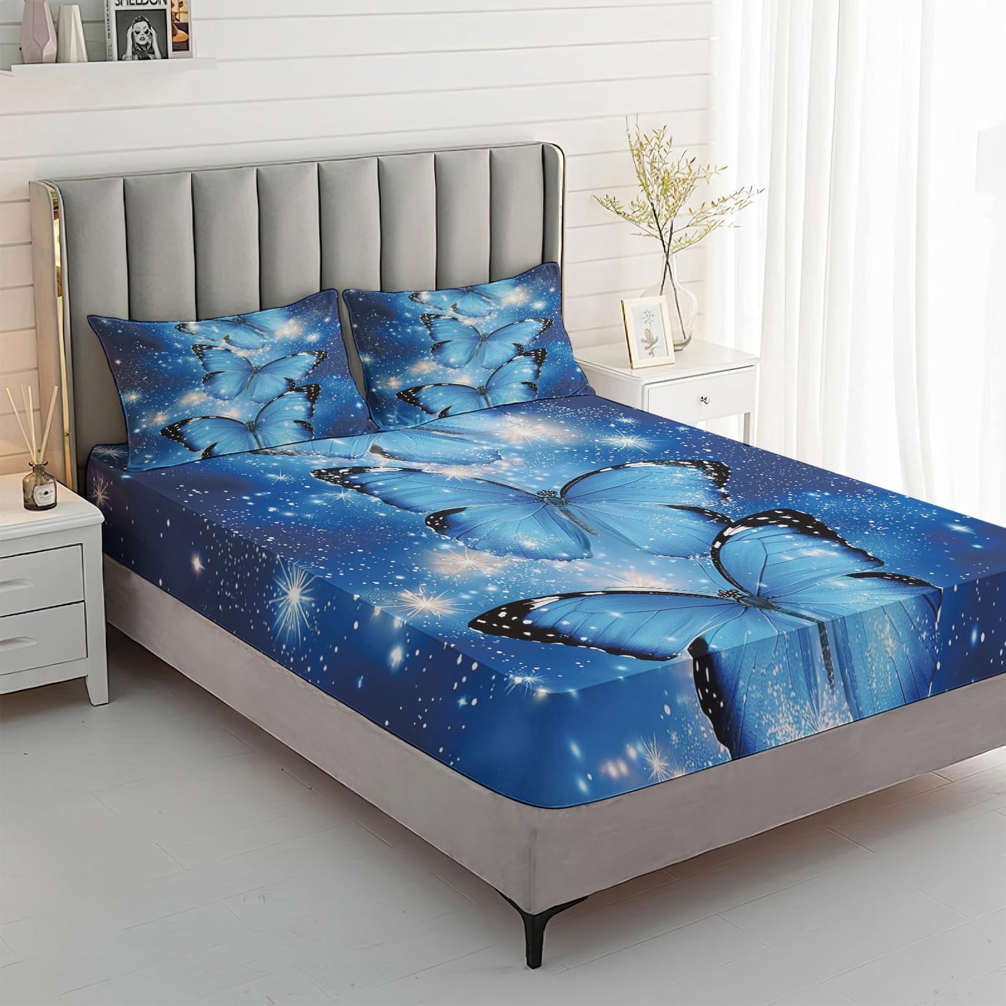 Rejkxyw King Size Sheets Set Blue Butterfly - Fantasy Butterflies Bed Sheets - Galaxy Sheet Set - 12 Inch Deep Pocket - Ultra Soft Winkle Free Microfiber Bedding Sheets & Pillowcases 4 Piece