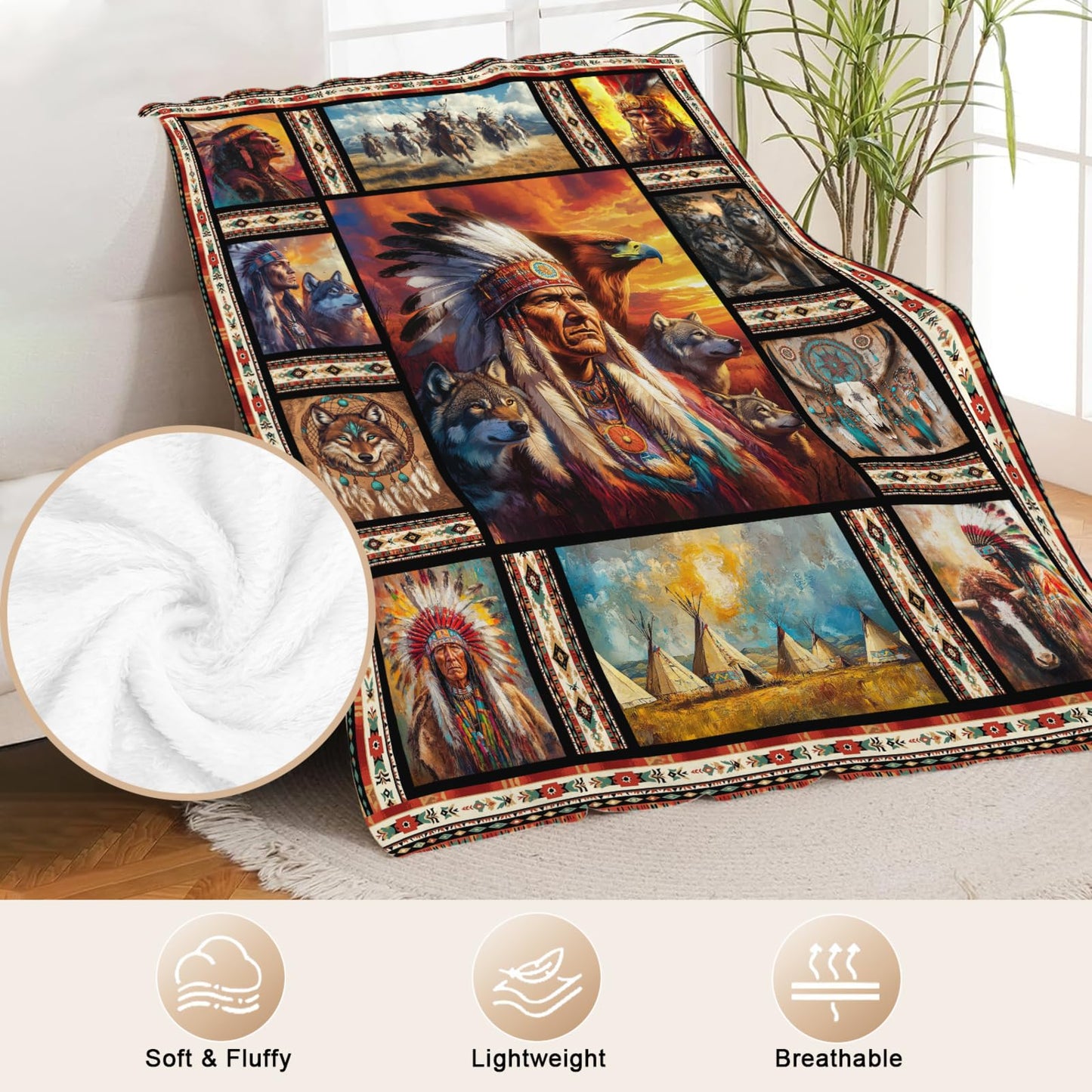 Native Indian Blanket Flannel Indian American Southwest Throw Blanket Ultra Soft Cozy Fleece Decor Blankets Gift for Kids Women Mens Couch Sofa Bed 50" x 40"