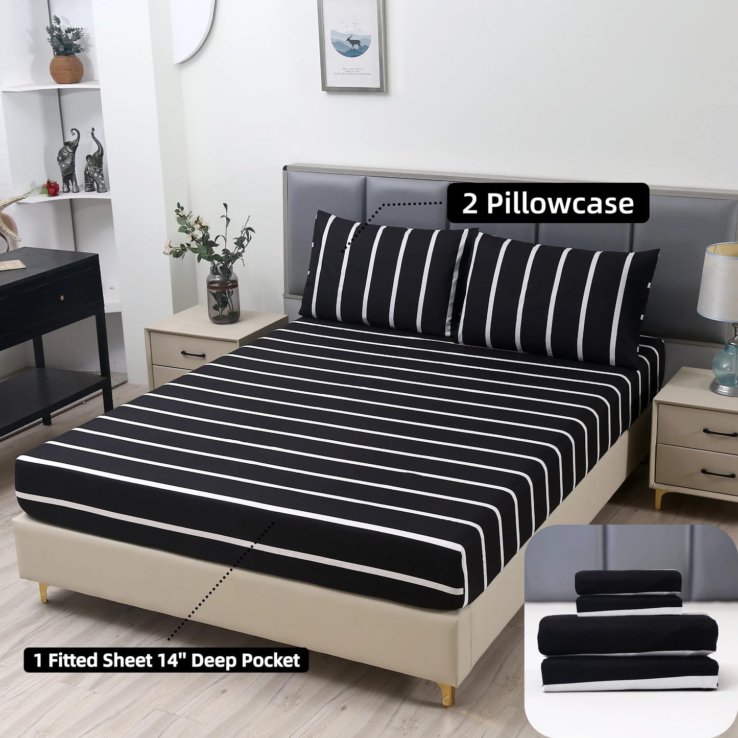 MAG 3pcs Striped Full Bed Sheet,Black and White Pattern Microfiber Fitted Sheets,Hotel Quality with1 Fitted Sheet and 2 Pillowcases,14 Inches Deep (Black and White, Full)