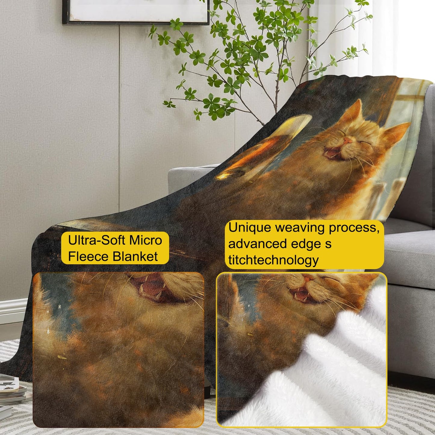 VANZEV Funny Cat Blanket,Cat and Beer Flannel Throw Blankets,Soft Warm Lightweight Cozy Plush Kitten Throws for Bedroom Sofa Office Home Decor Gifts for Women Girls 60"x50"