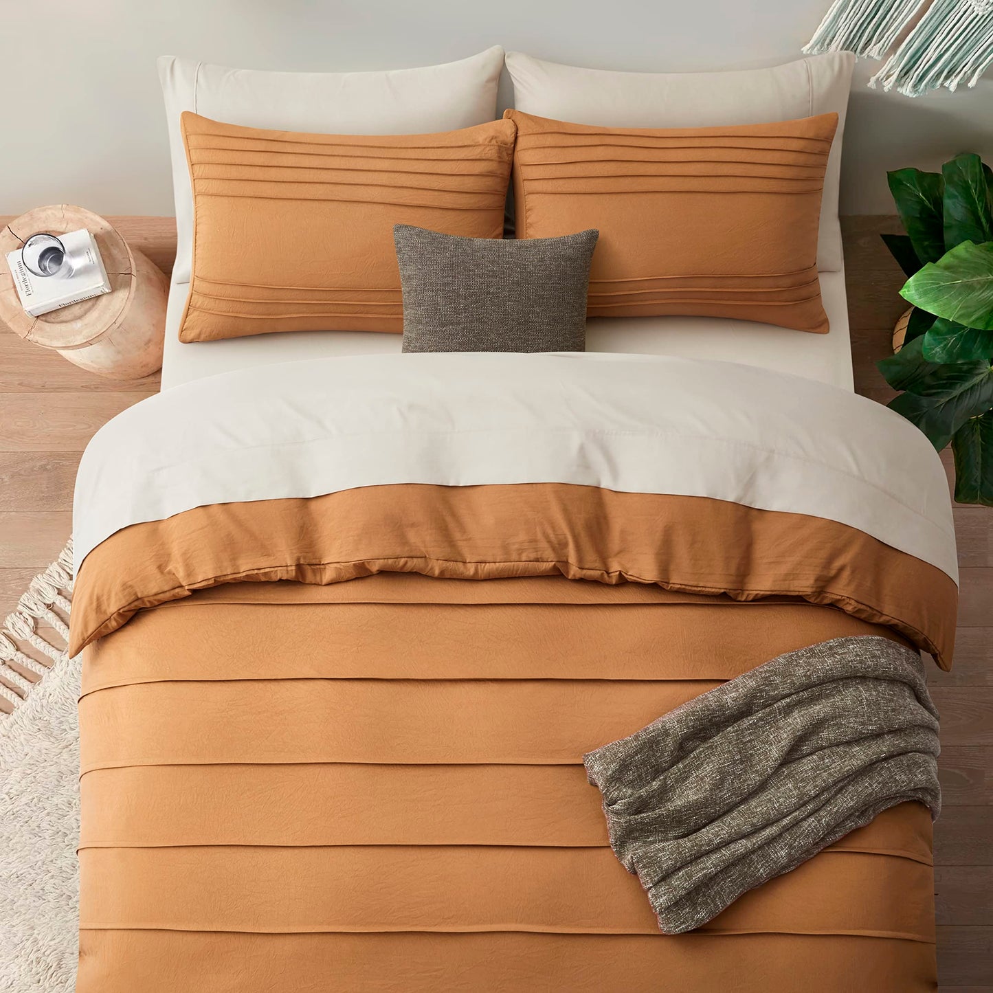 Oli Anderson Pumpkin Brown Duvet Cover Queen Size - Pleated Queen Duvet Cover, 3PCS Soft and Breathable Textured Bedding Set with Zipper Closure(Pumpkin Brown,90"x90")