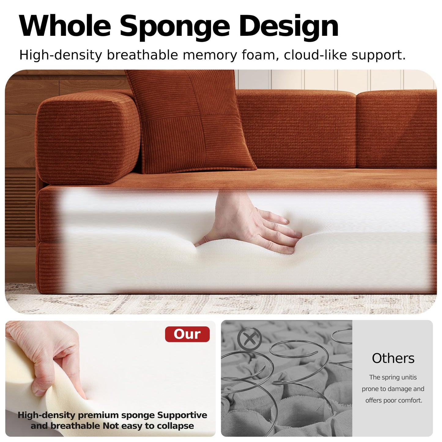MoonSpeak 78.8''Sleeper Couch Bed for Livingroom，Convertible Modular Sofa with Armrest Pillow，Modular Fldable Corduroy Couches in a Box,No Assembly (Rust Red)