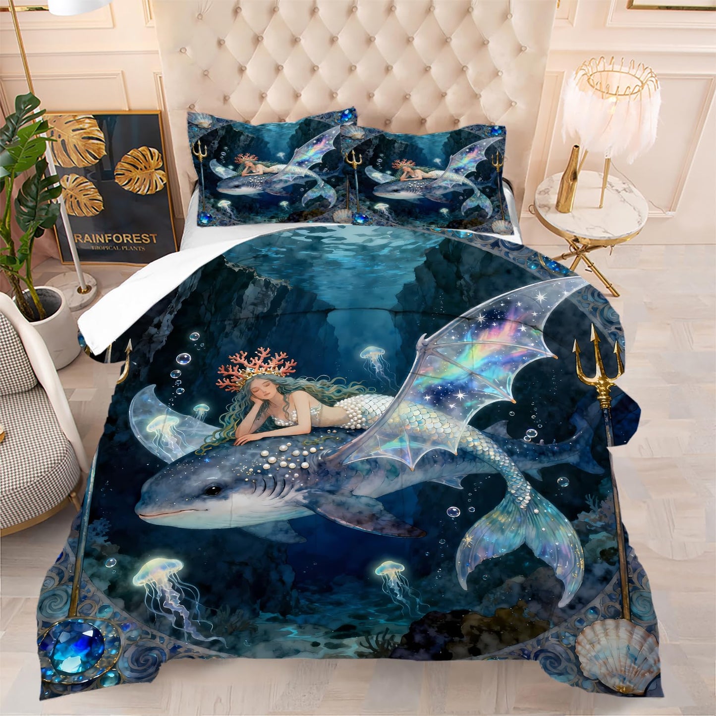 kxry Mermaid King Bedding Sets for Girls Kids, Ocean Fish Scales Quilt, Coastal Nautical Sea Animal Comforter Sets, Cute Jellyfish Duvet, Sparkle Mermaid Fish Scale Soft Comforter, 3 Pcs