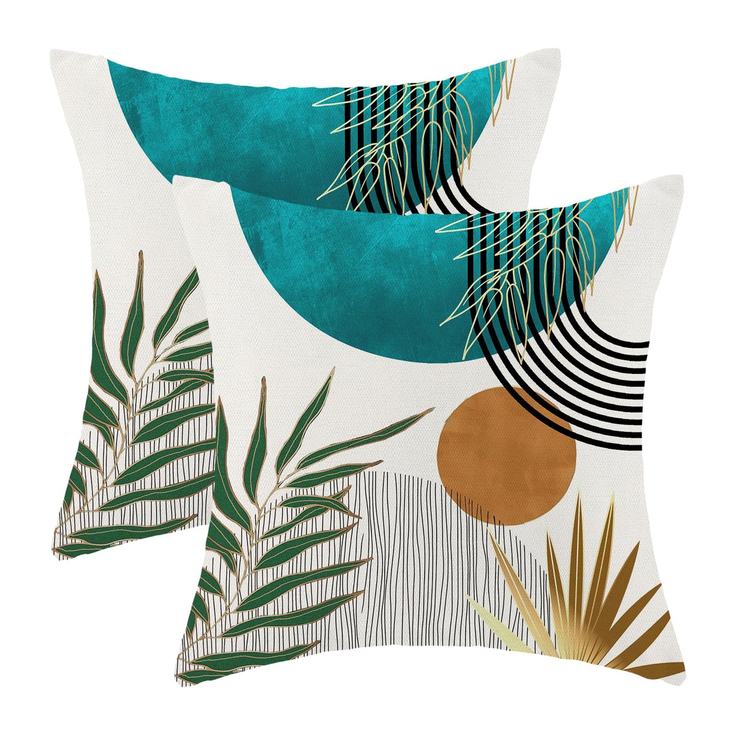 Boho Pillow Covers 20x20 Inch 2 Pcs,Aqua Teal Green Gold Tropical Leaf Summer Outdoor Decorative Throw Pillows,Mid Century Abstract Farmhouse Decor Pillowcase Linen Cushion Cover for Couch Sofa