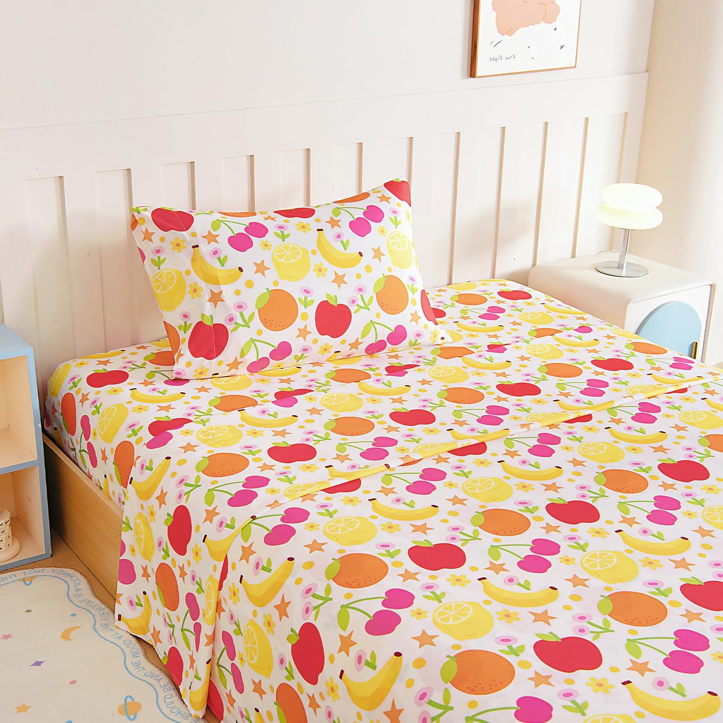 Homilay Full Sheet Set Kids - Banana Orange Lemon Cherry 4 Pieces Soft Microfiber Cartoon Style Bedsheets for Boys Girls Teens, Oeko TEX Breathable 15 Inch Deep Pocket Sheets(Fruit)