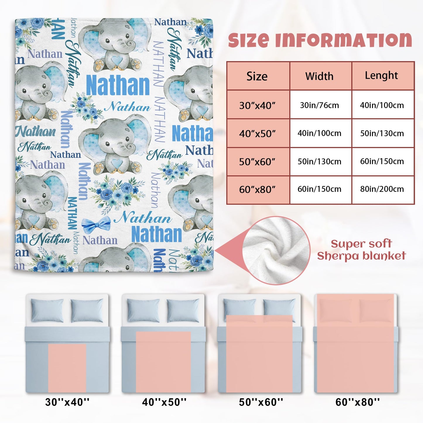 Lcyawer Personalized Blanket with Name, Custom Elephant Blanket for Baby, Flannel Throw Blankets for Boys Gifts, Personalized Baby Boy Gifts for Infant Newborn Shower, Printed in USA