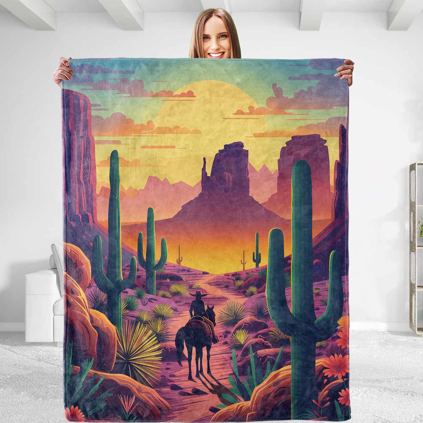 dhakalrlde Sunset Cactus Blanket - Soft Plush Flannel, Comfy&Lightweight for All Seasons, Warm and Fuzzy, Anti-Pilling Throw Blanket for Couch, Bedroom, Travel, Bed, Outdoor 50in×60in