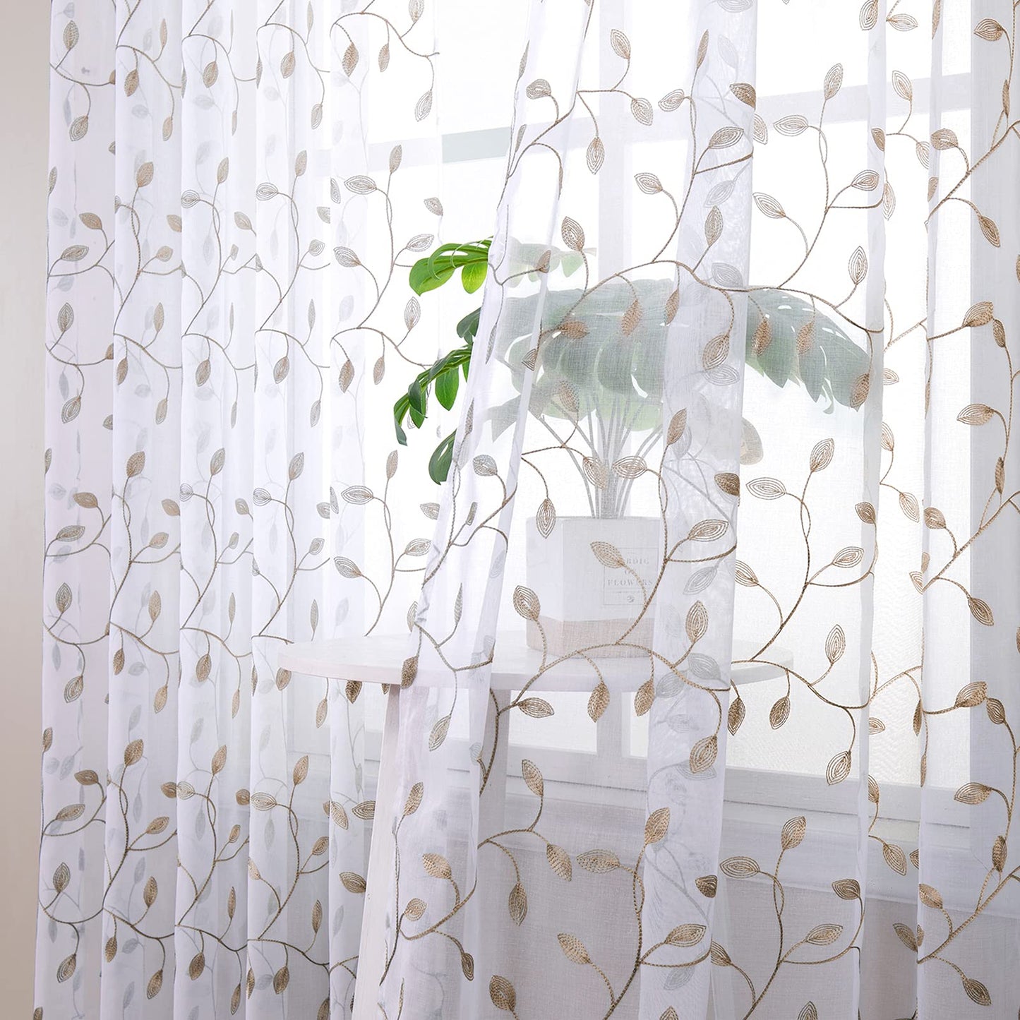 Tollpiz Leaves Sheer Curtains Taupe Leaf Embroidery Bedroom Curtain Rod Pocket Voile Faux Linen Embroidered Leaves Curtains for Living Room, 54 x 63 inches Long, Set of 2 Panels