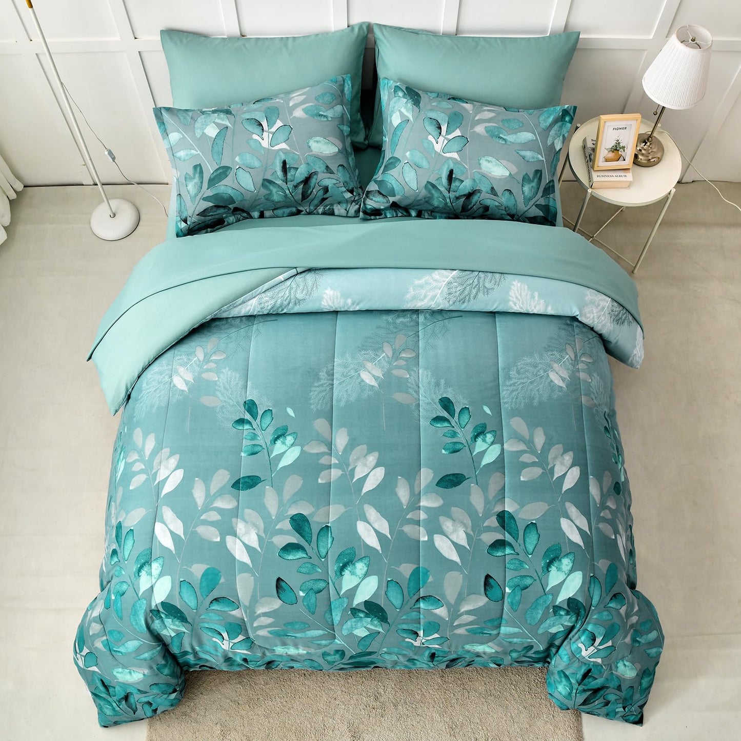 Anibedding Aqua Comforter Set Queen Size, 7 Pieces Botanical Leaves Reversible Soft Microfiber Bed in a Bag with Sheets Set All Season (90"x90")