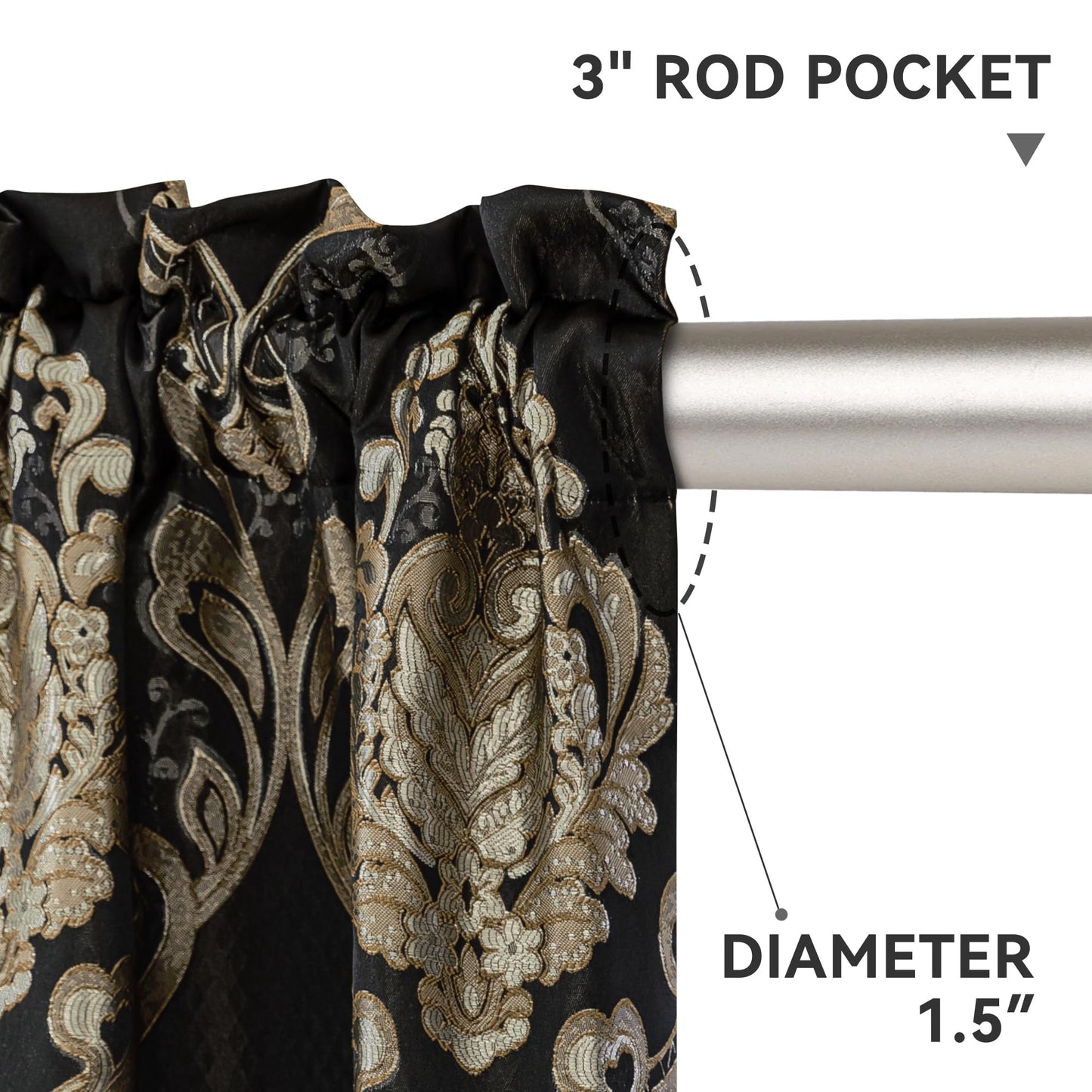 Loom and Mill Luxury Damask Curtains for Bedroom, Lined Thick Jacquard Blackout Curtains with Tiebacks, Window Curtain for Living Room Party Banquet Decor (2 Panels, 52 x 84 Inch, Black)
