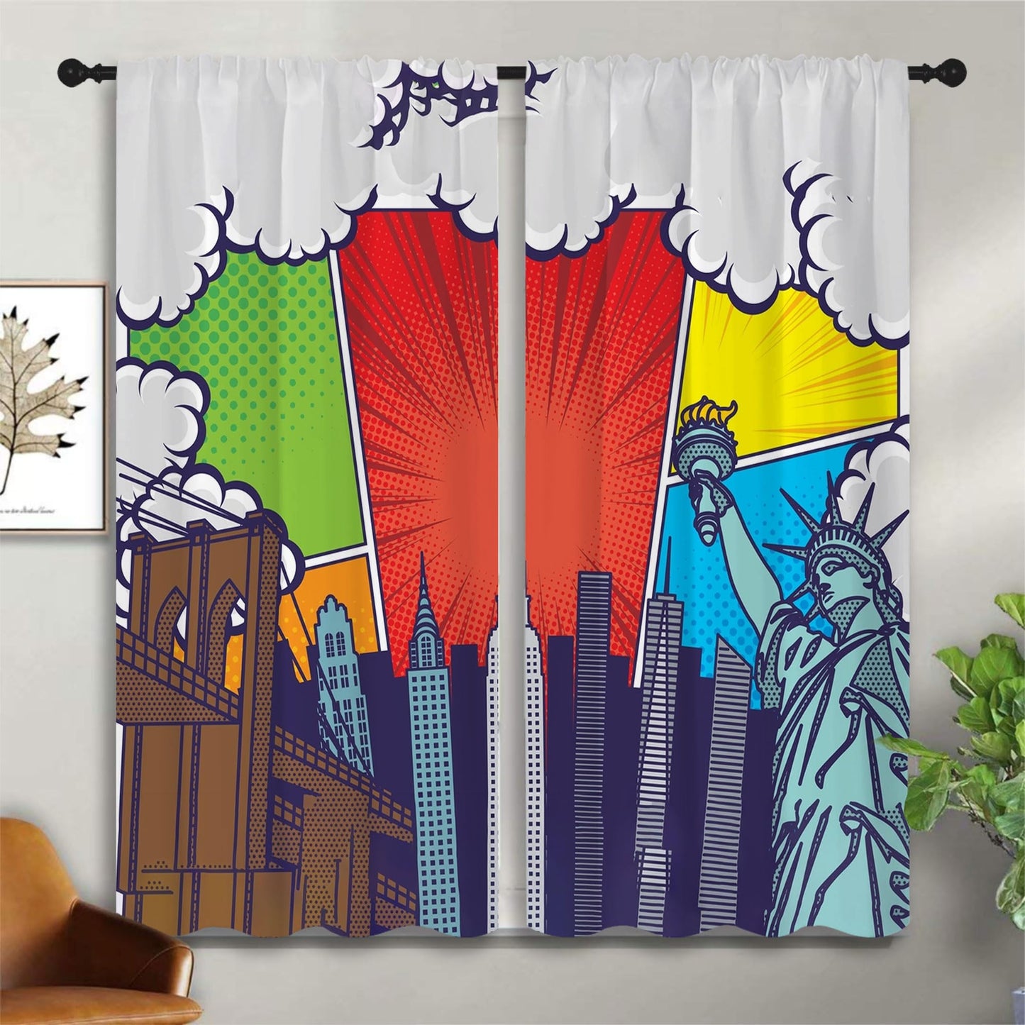 PYMATYTN City Rod Pocket Blackout Curtains for Boy Girl Bedroom, Pop Art Style New York Cityscape Thermal Insulated Home Window Drapes for Living Room Darkening, 42x45 inch