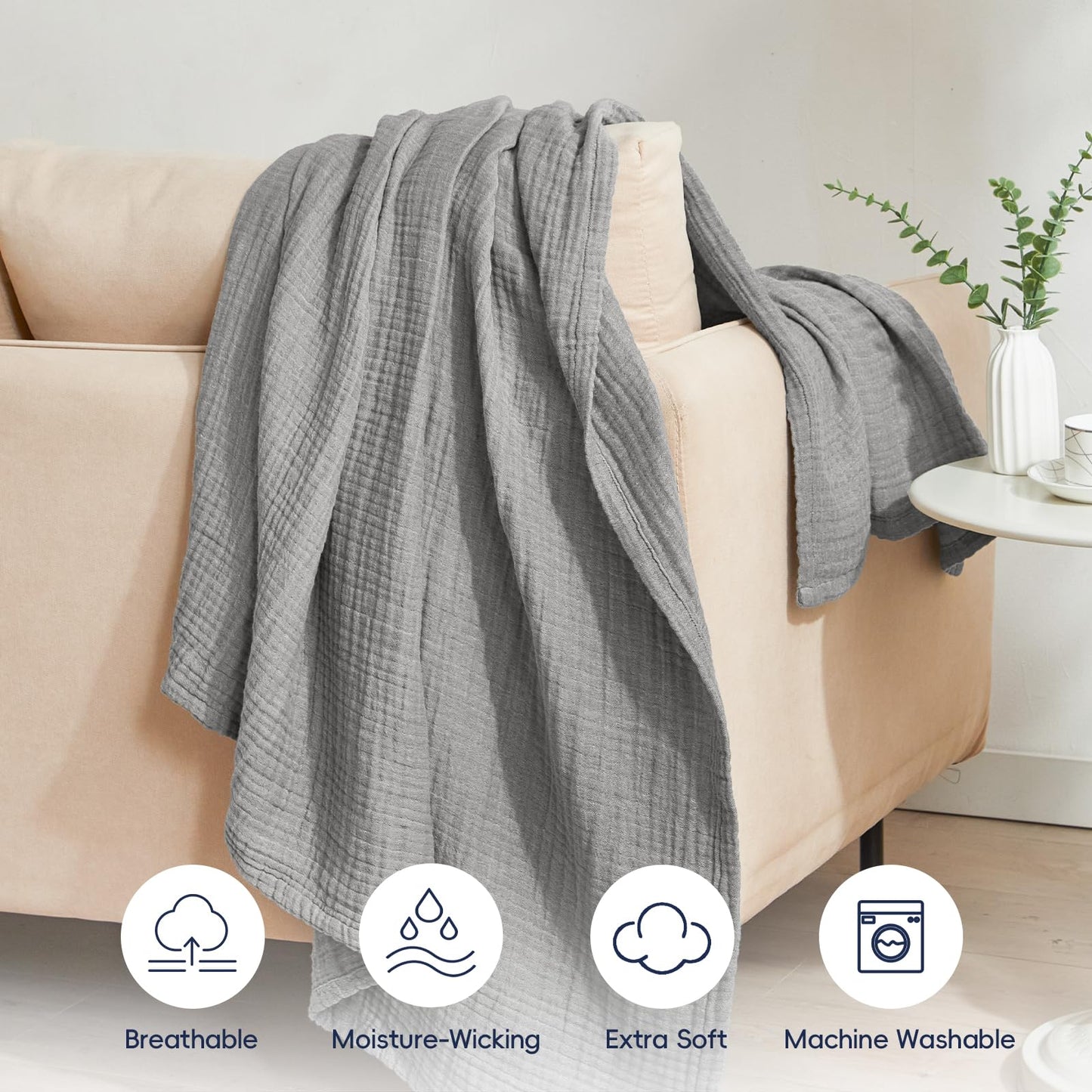 PHF 100% Cotton Muslin Throw Blanket 50" x 60", 4-Layer Lightweight Gauze Throw, Breathable Cloud-Soft Minimalist Blanket for Bed, Couch, Camping & Baby, Grey, Ideal Gift