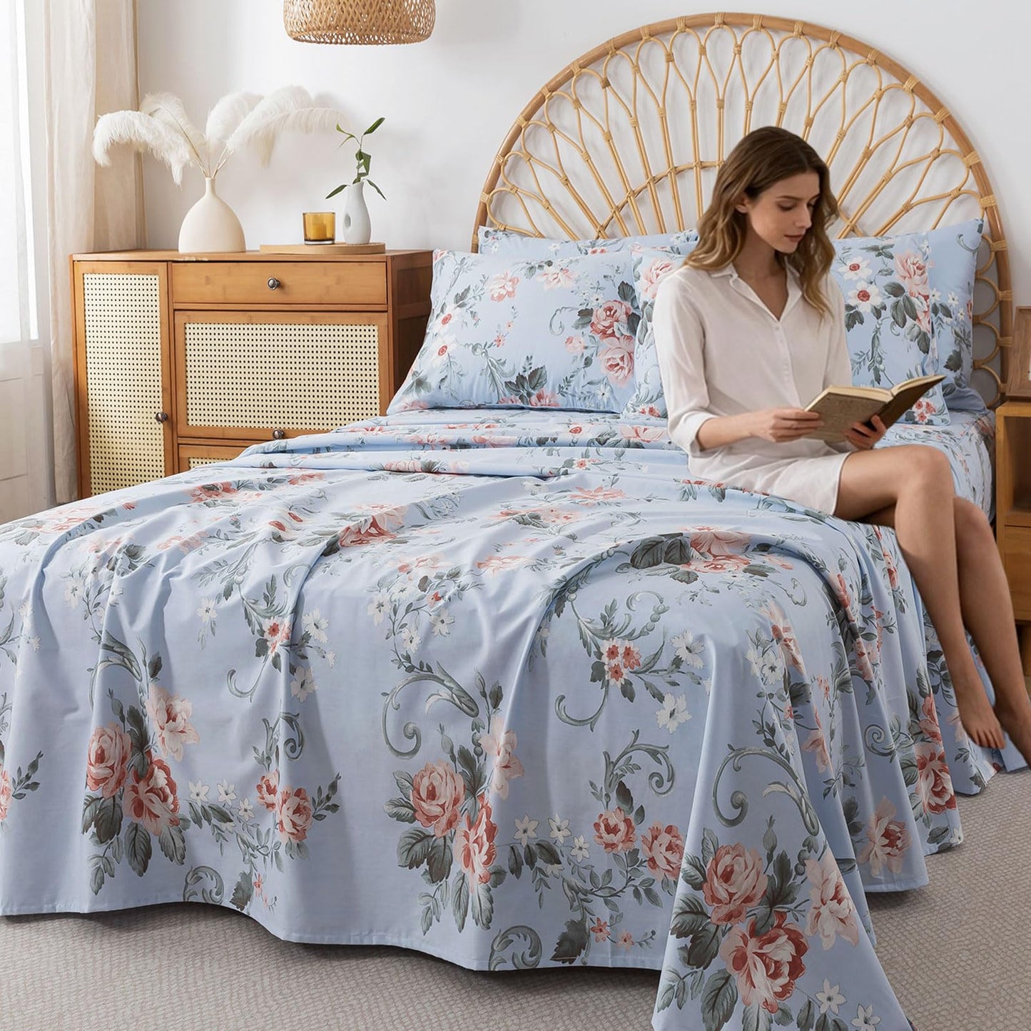 FADFAY Queen Sheets Set Percale Cotton Floral Bed Sheets Deep Pocket Fitted Sheet, Luxury Pink Roses and White Small Flowers Pattern Shabby Vintage Countryside Style Bedding,4Pcs