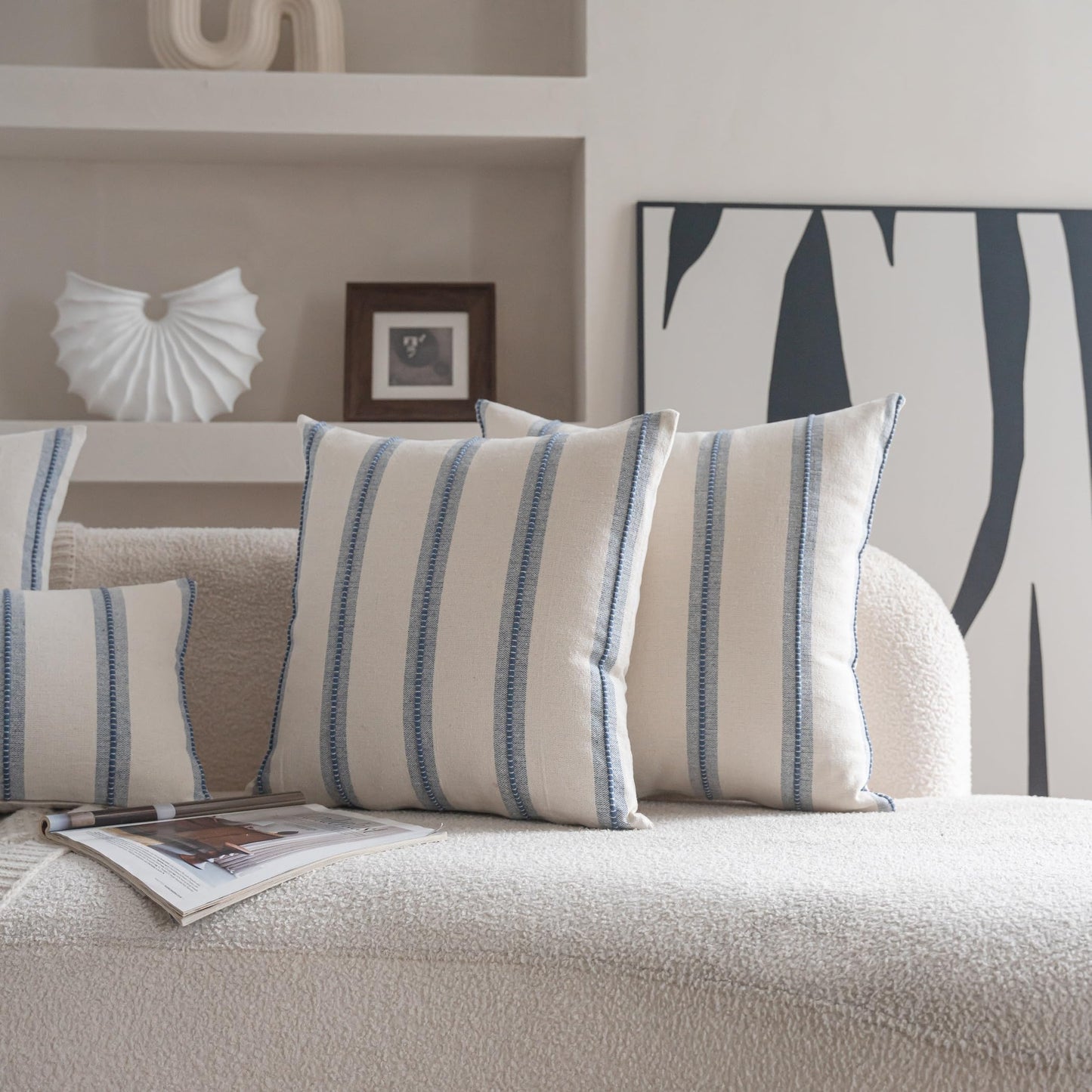 Cethom Boho Throw Pillow Covers 18x18 Set of 2, Beige and Blue Striped Decorative Pillow Cases for Couch Chair Bed, Textured Farmhouse Accent Cushion Covers for Living Room Bedroom Sofa Home Decor