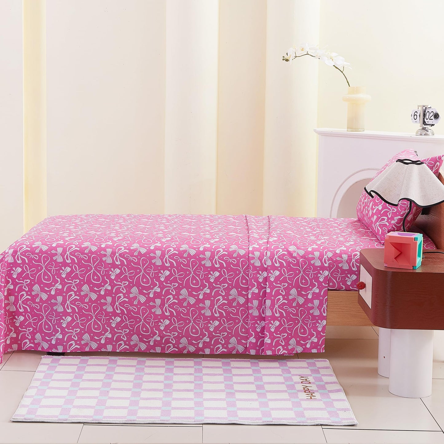 lasoftan Kids Sheet Set Twin Size, Twin Sheet Set with Pink Bow Pattern，Breathable Silky Soft Microfiber Kids Fitted Sheet