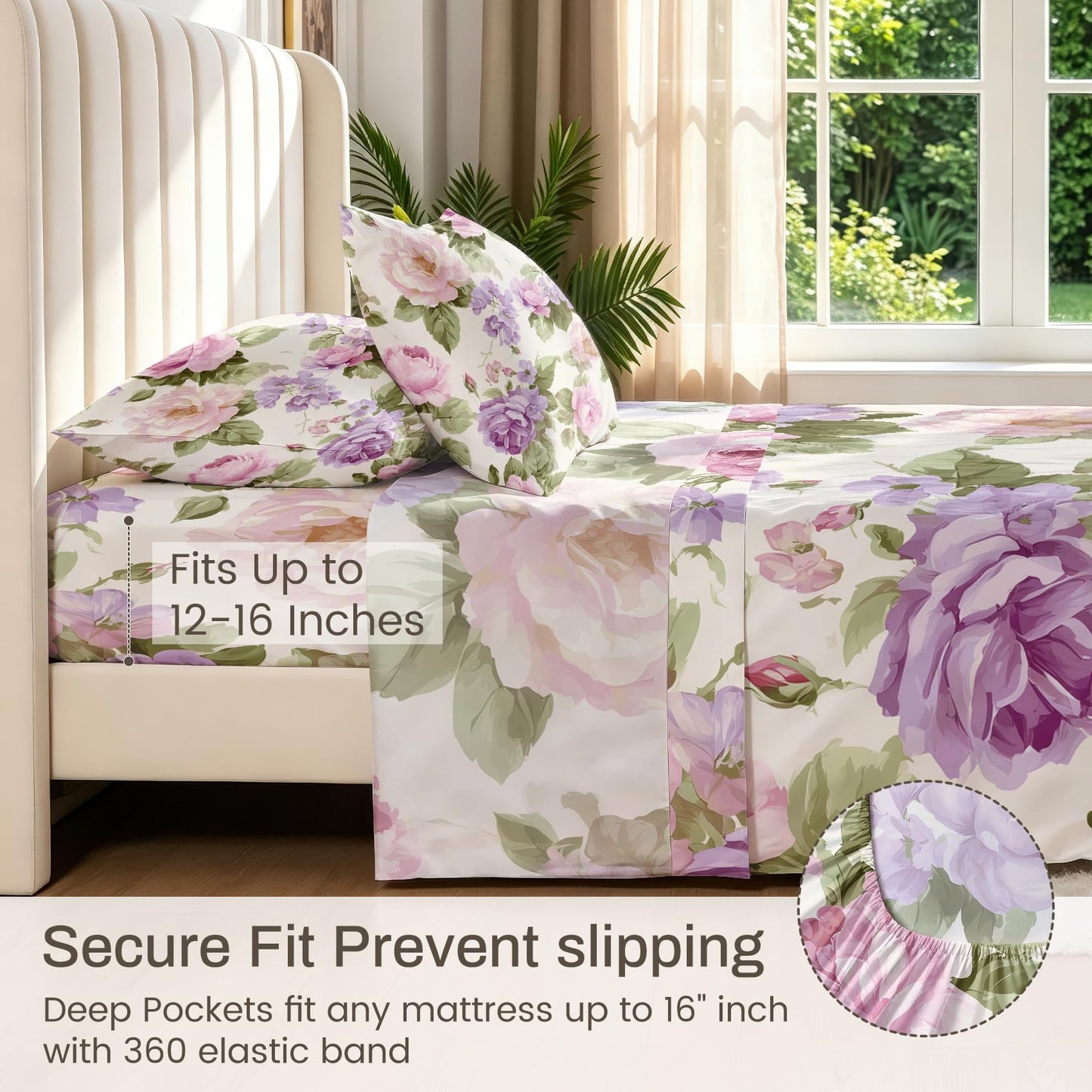 Purple Peony Queen Sheet Set 4 Pcs Watercolor Flowers Bed Sheets