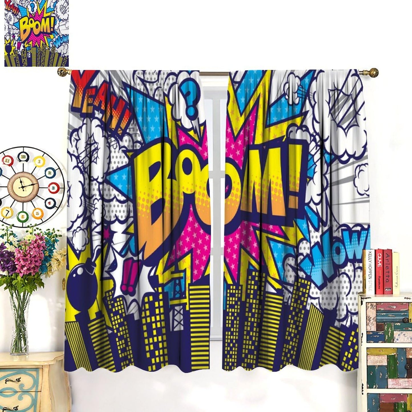 Hero Window Curtains,Comic Art Style Buildings Cityscape Cartoon City Window Treatments for Kids Boys Girls Bedroom Nursery Décor Drapes 2 Panel Sets Total Size 42" x 45"