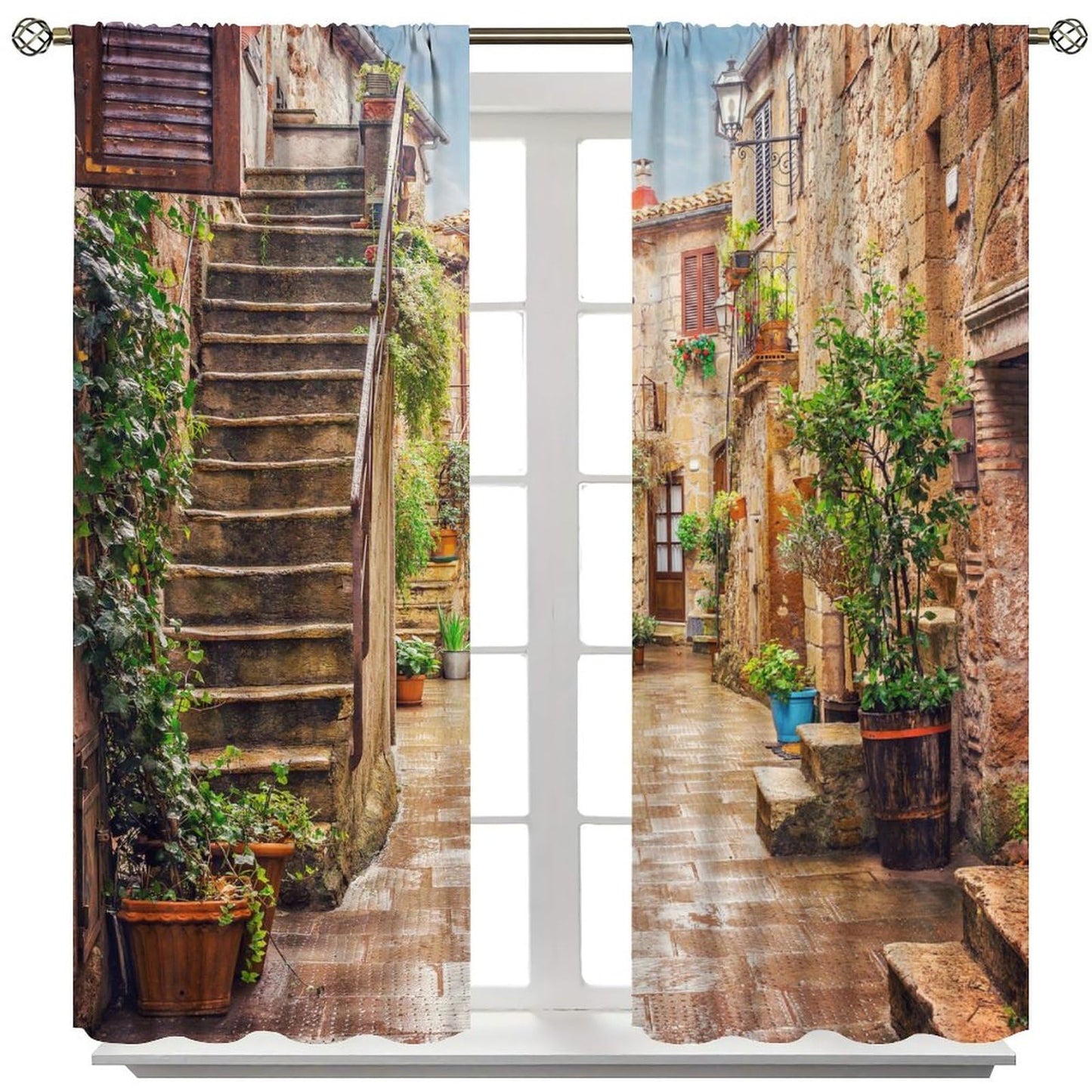 Italian Scenery Blackout Curtain,Stone Rock Houses City Rural Print Window Drapes for Bedroom Living Room Kitchen Cafe Office Decor Thermal Insulated Darkening Drapes 42x45 Inch