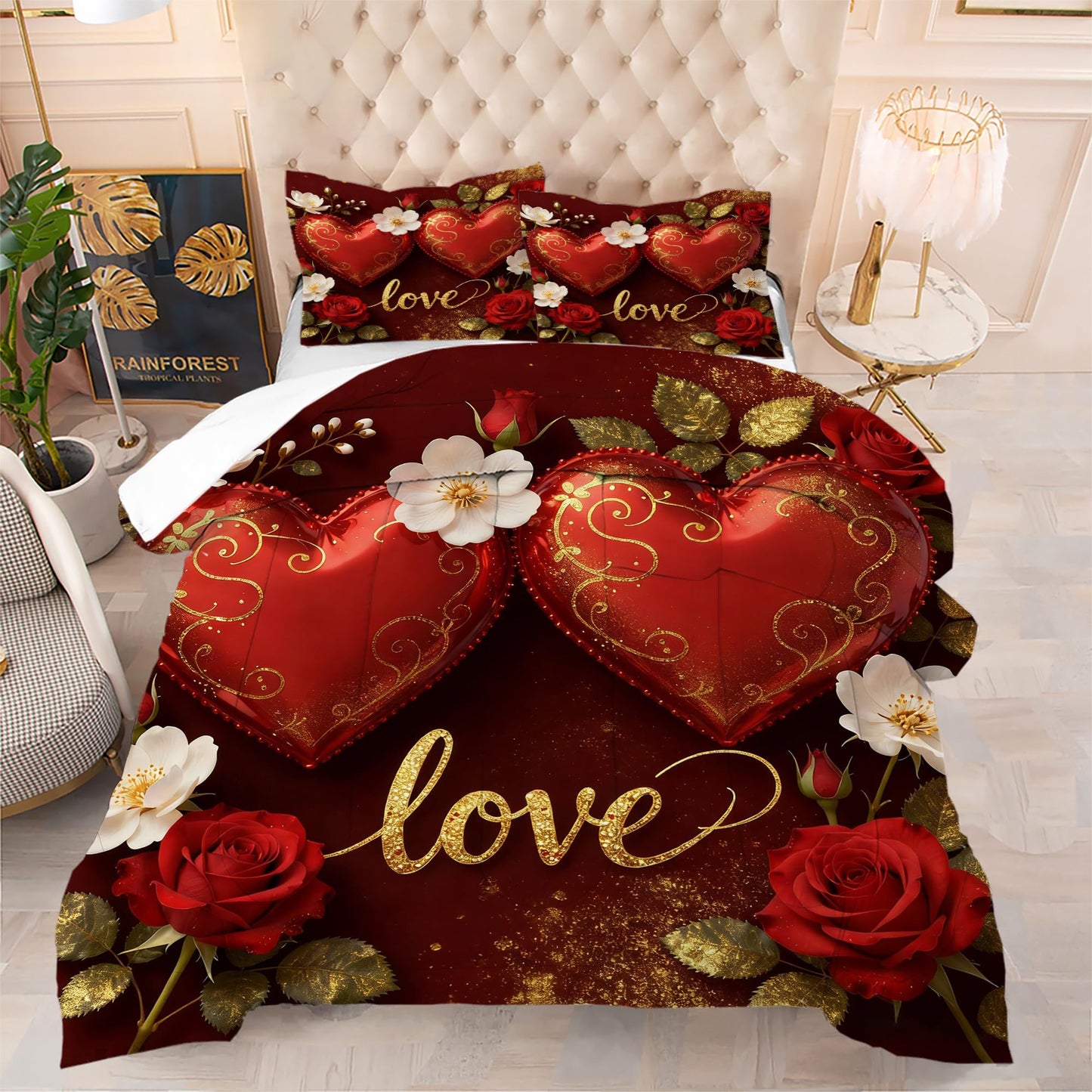 VTKON Love Heart Bedding Set Queen Size 3 Piece Romantic Red Rose Comforter Set for Women Golden Glitter Love Bed Sets Valentine's Day Duvet with 1 Comforter 2 Pillow Cases