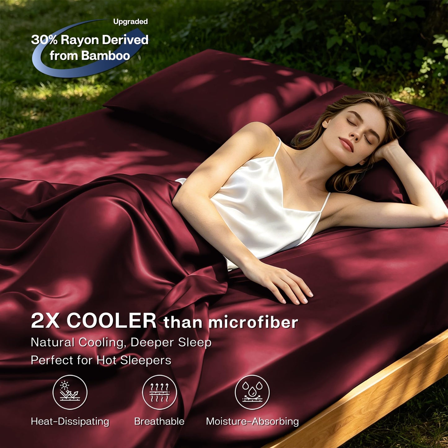 MR&HM Full Size Bed Sheets, 4-Piece Cooling Sheets, Rayon Derived from Bamboo & Polyester Blend, Soft & Silky, 15" Deep Pockets with Elastic Straps, Hotel Luxury for Hot Sleepers, Burgundy