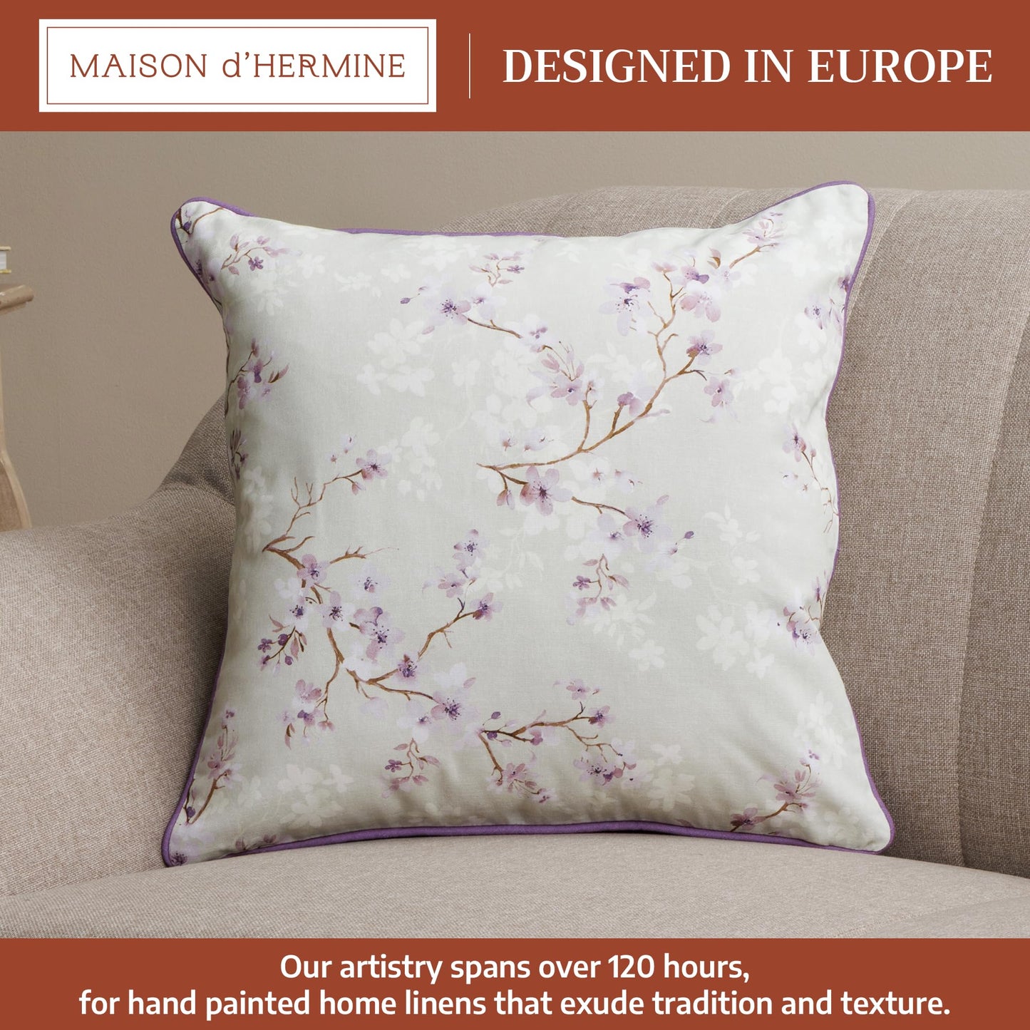 Maison d' Hermine Decorative Pillow Covers 18 x 18 inch Square 100% Cotton Throw Pillow Covers with Invisible Zipper for Living Room Couch Chair Sofas Spring Summer (Blossoms in Spring - Lavender)