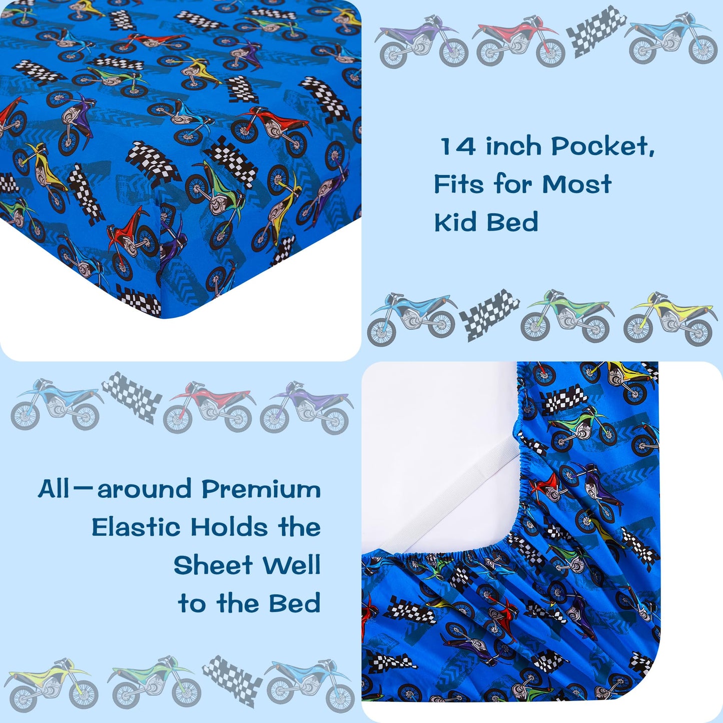 lasoftan Kids Sheet Set Twin Size, Twin Sheet Set with Motorcycle Pattern，Breathable Silky Soft Microfiber Kids Fitted Sheet
