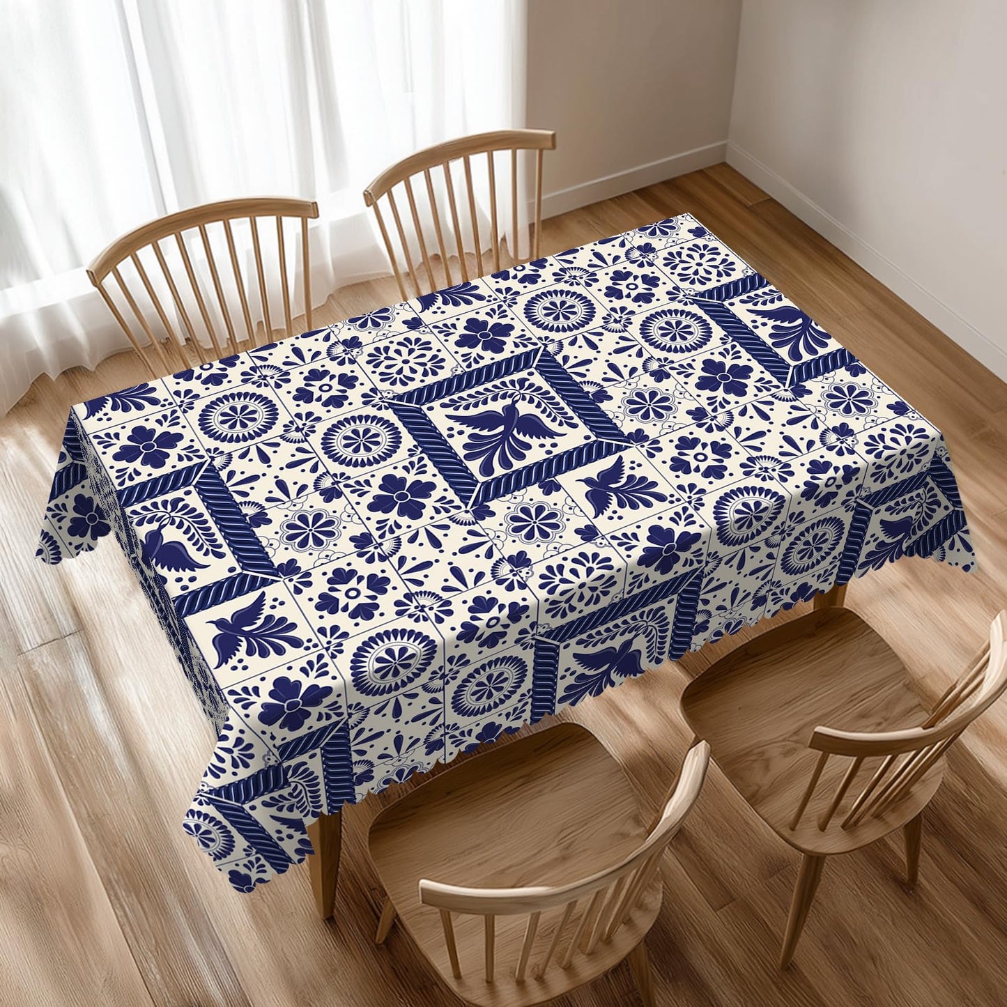 VIMPEYDON Floral Bird Mexican Table Cloth for Dining Tables, Reusable Blue Patchwork Tiles Tablecloths Holiday Talavera Tile Tabletop Decoration Rectangle Table Cover for Home,Kitchen,Party,54x72Inch