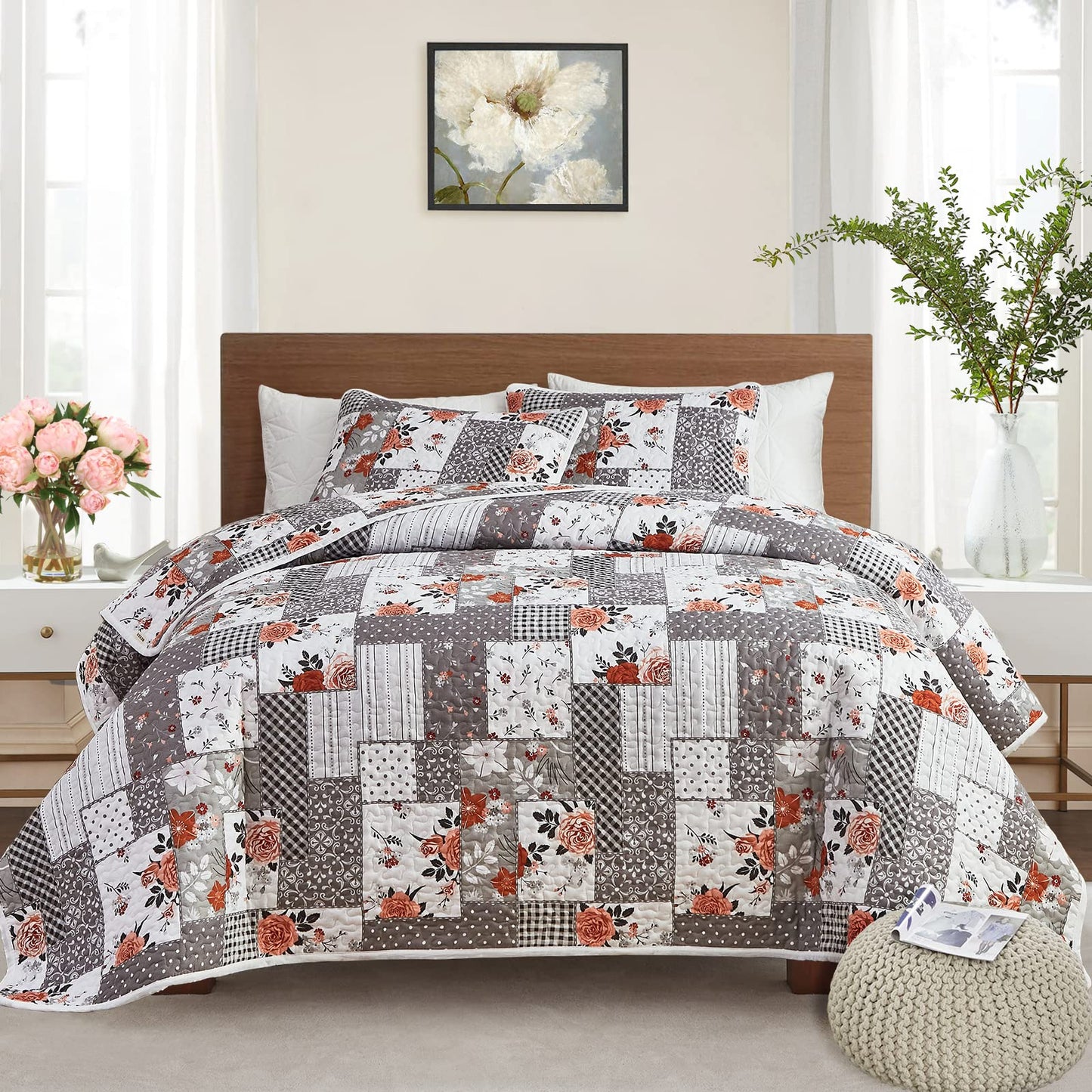 Patchwork Quilt Set Full/Queen Size, 3 Pieces Grey Floral Plaid Summer Bedspread Coverlet Set, Soft Microfiber Reversible Lightweight Bed Cover for All Season (90" x 90", 1 Quilt+ 2 Pillow Shams)