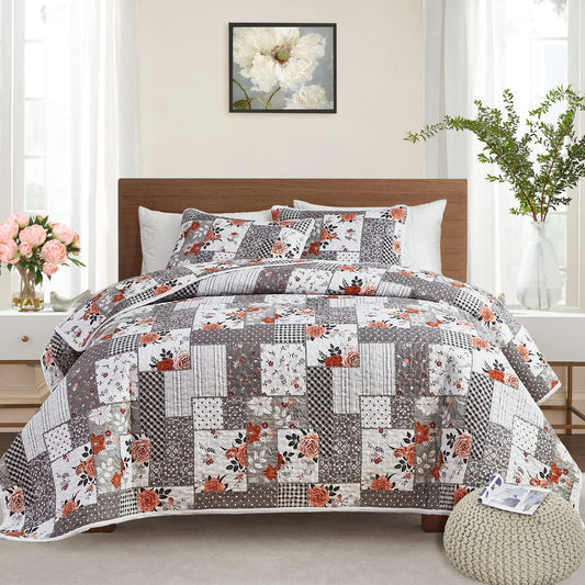 Patchwork Quilt Set Full/Queen Size, 3 Pieces Grey Floral Plaid Summer Bedspread Coverlet Set, Soft Microfiber Reversible Lightweight Bed Cover for All Season (90" x 90", 1 Quilt+ 2 Pillow Shams)