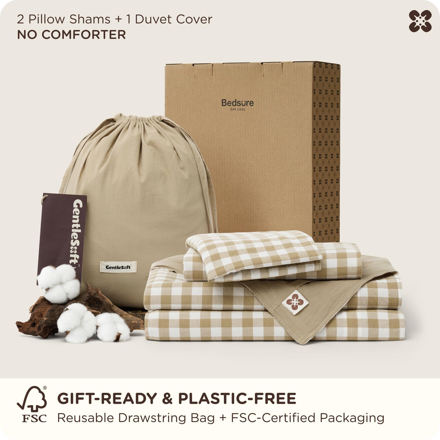 Bedsure Gingham Duvet Cover Queen Size, 100% Washed Cotton PureWoven Duvet Cover Linen Like Textured, Classic Yarn-Dyed Checkered Pattern Enhances Bedroom Comfort and Style, Gingham Khaki, 90"x90"
