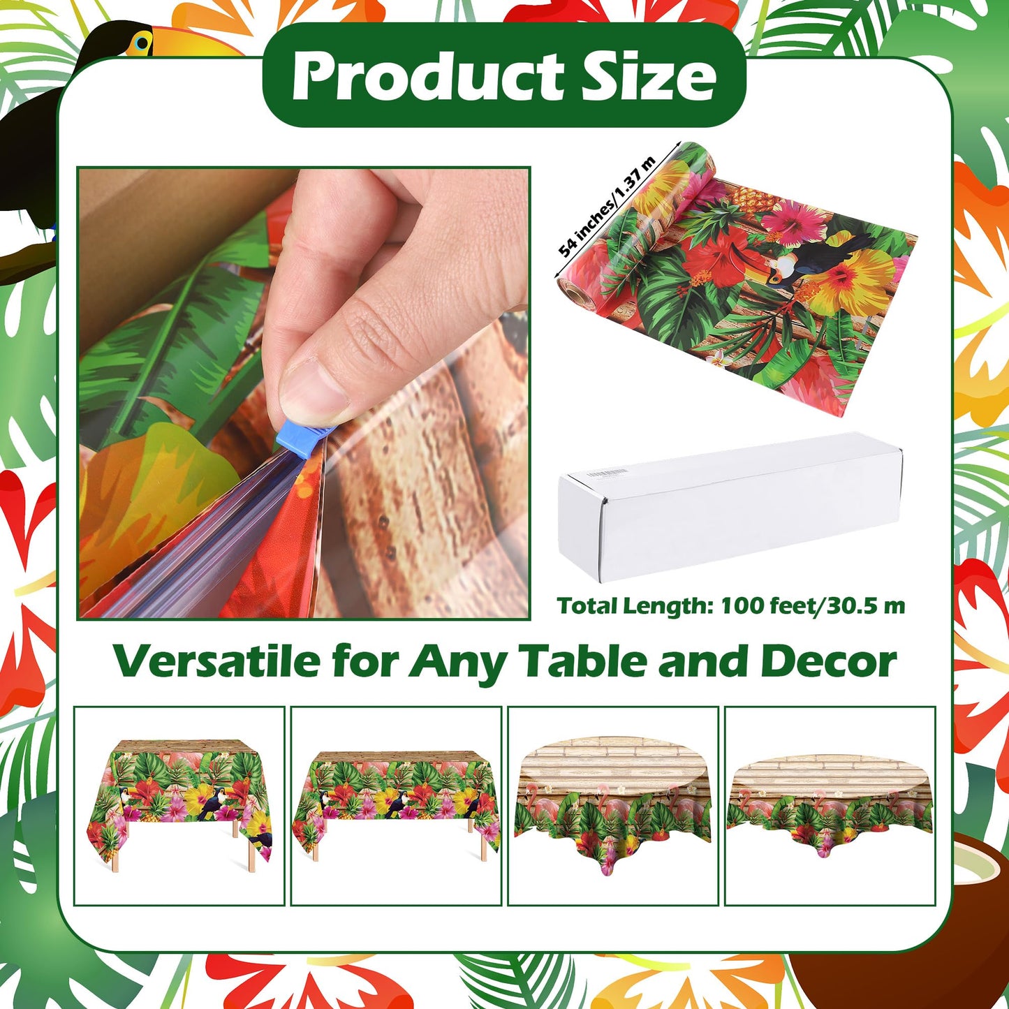 Kochorie 100 Ft X 54 Inch Hawaiian Luau Party Tablecloth Roll with Cutter Box, Disposable Plastic Hawaii Tiki Totem Table Cover, Aloha Tropical Floral Table Decorations for Summer Beach Pool Birthday