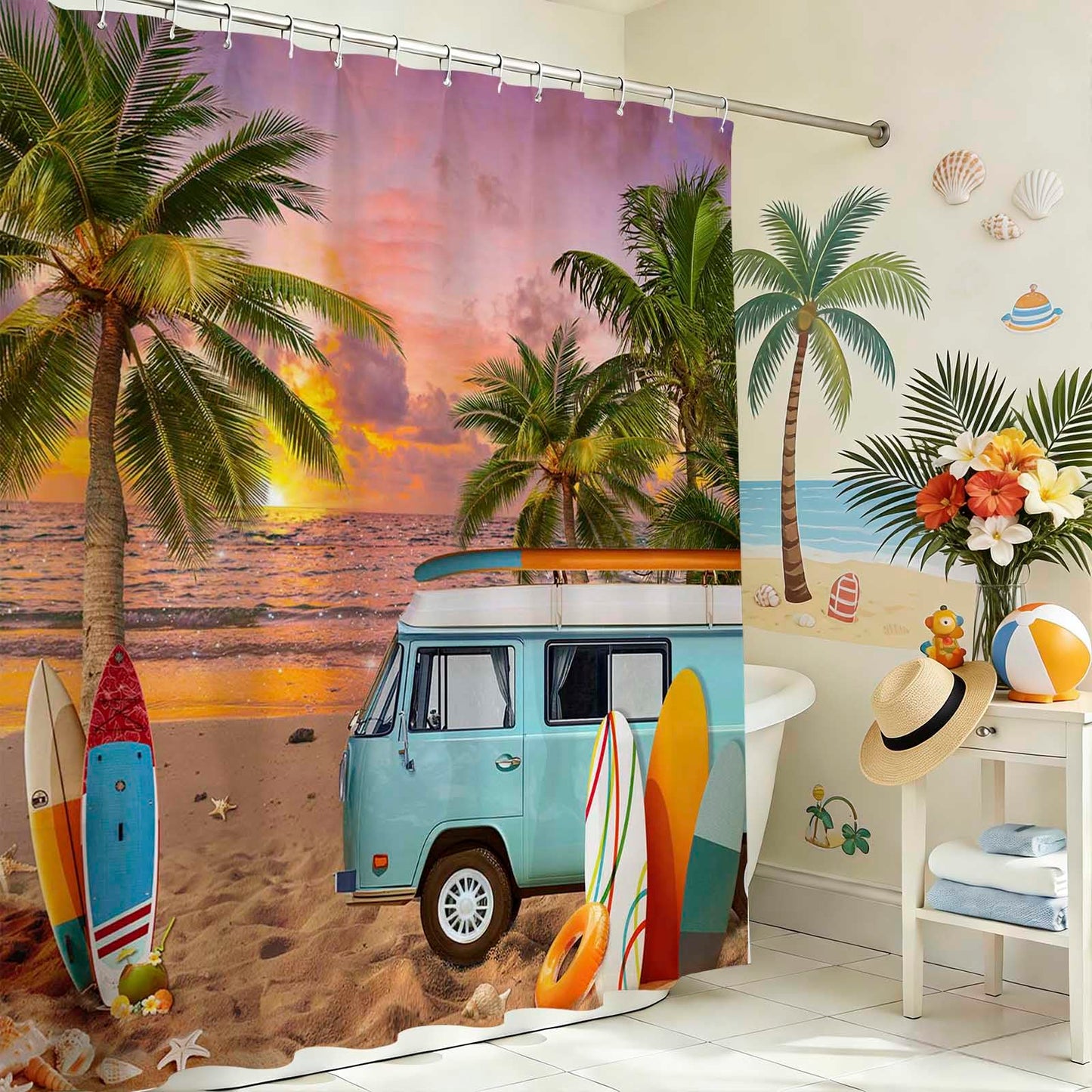 Tropical Beach Ocean Shower Curtain, Beach Palm Tree Summer Bathroom Decor Bath Curtain, Waterproof Hawaii Coastal Surfboard Tour Bus Bath Curtain, 72 X 72 Inch (Orange, 72"W x 72"L (Pack of 1))
