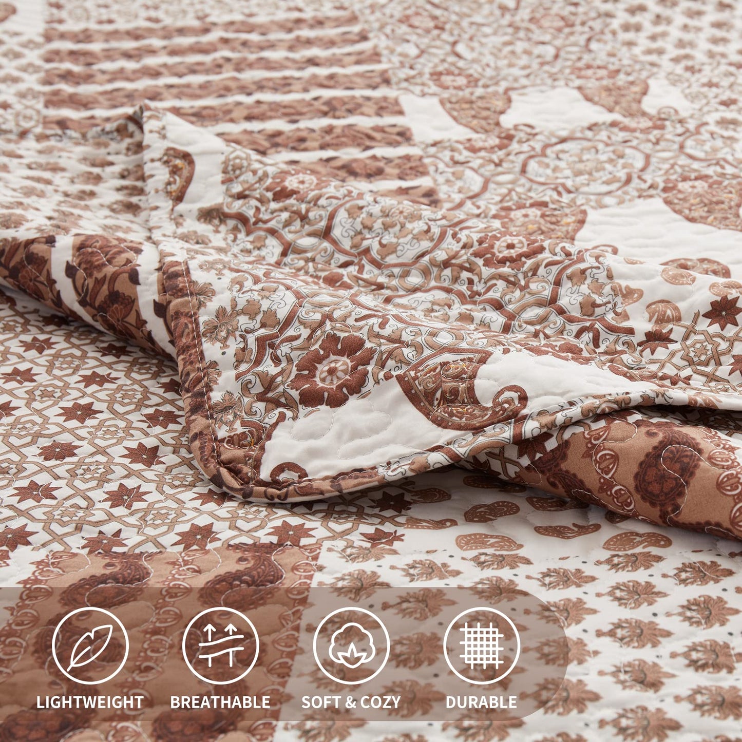 LEAONME Quilt Set King Size 3 Piece Bedspread Coverlet Lightweight Comforter Microfiber Reversible Bedding Set for All Season Oversized 98x106 Inch Bed Cover Paisley Brown (1 Quilt, 2 Pillow Shams)