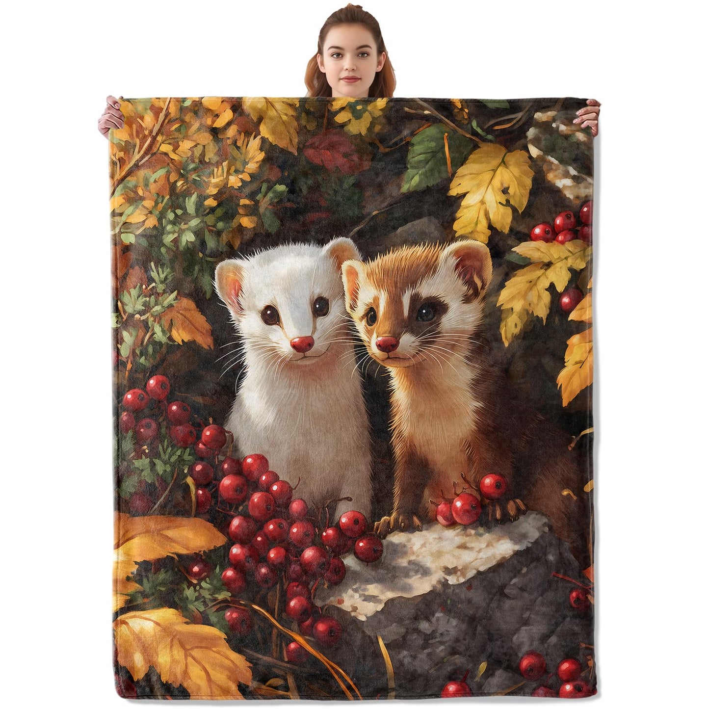 Kibue Adorable Weasel Blanket - Soft & Cozy Warm Flannel Throw - Lightweight Plush Blankets for Travel, Sofa, Bedroom, Office - Gifts for Women Adults Kids - for All Seasons 50"×40"