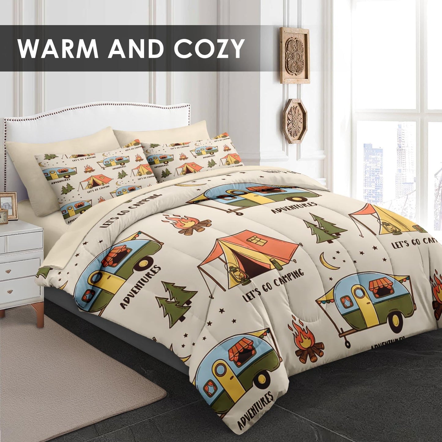 Pamnest Comforter Set Queen Size, Summer Camp RV 7 Pcs Bedding for Kids and Adults, Camping Adventure Bed Sheet Sets with Fitted Sheet 2 Pillowcases & 2 Shams for Bedroom Bed Decor