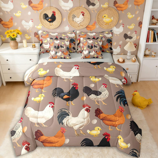 Erosebridal Vintage Farmhouse Rooster Queen Comforter Set with Sheets | Colorful Cock 7 Piece Bedding Set Chicken Art Farm Animals Bed in a Bag, Chicken Coop Country Decor Rustic Room Decor