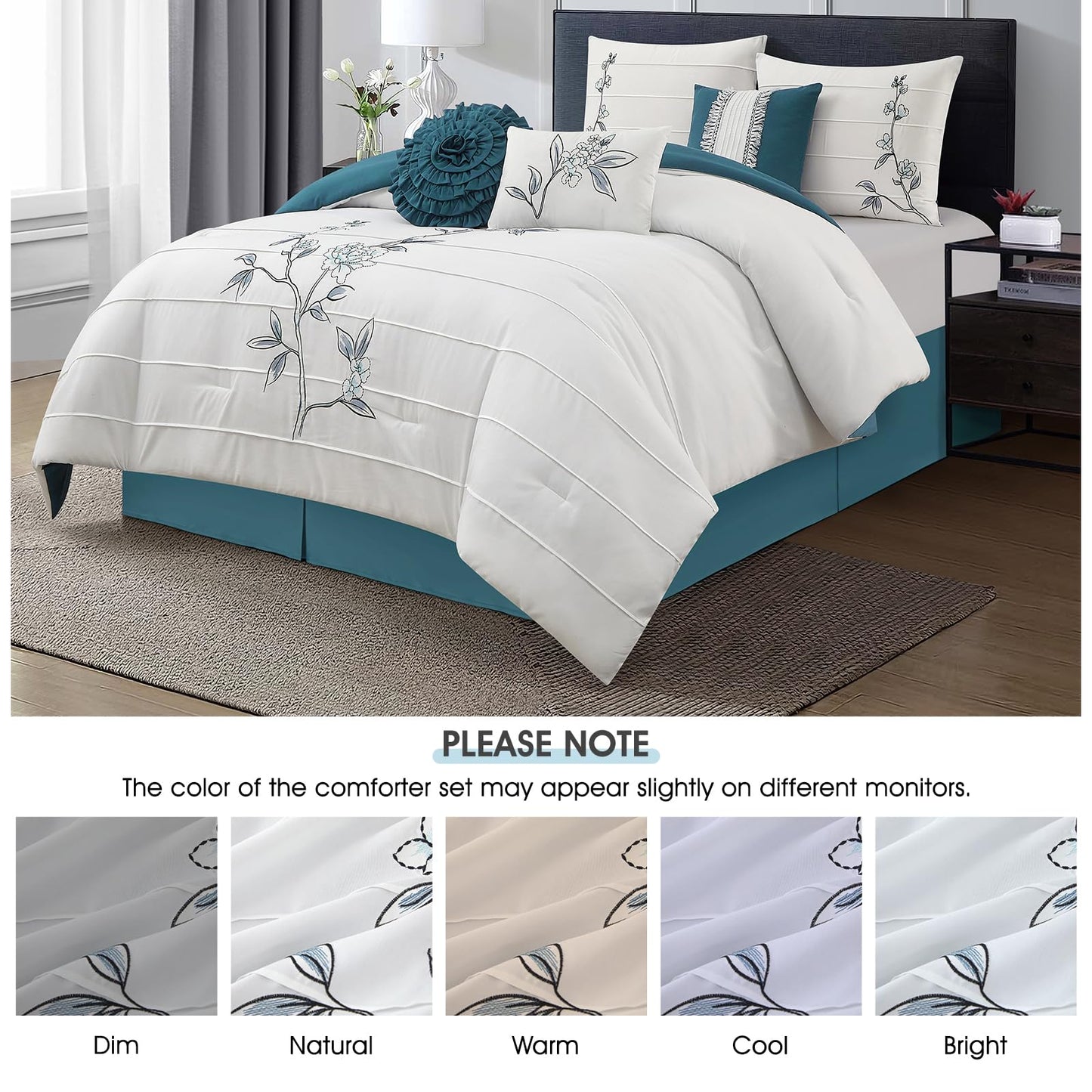 LANCO MODERN LIFESTYLE 7 Piece California King Comforter Set, Blue White, Floral Embroidery, Microfiber Pleating Bedding Set for All Seasons with Comforter, Bed Skirt, Pillow Shams and Decor Pillows