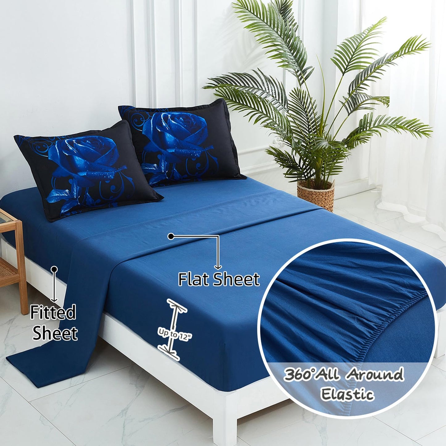 Xruibed Blue Comforter Set King 7 Piece Bed in a Bag Blue Rose Comforter with Sheet Set Soft Micorfiber Reversible Bedding Set (1 Comforter,2 Pillow Shams,1 Flat Sheet,1 Fitted Sheet,2 Pillowcases)